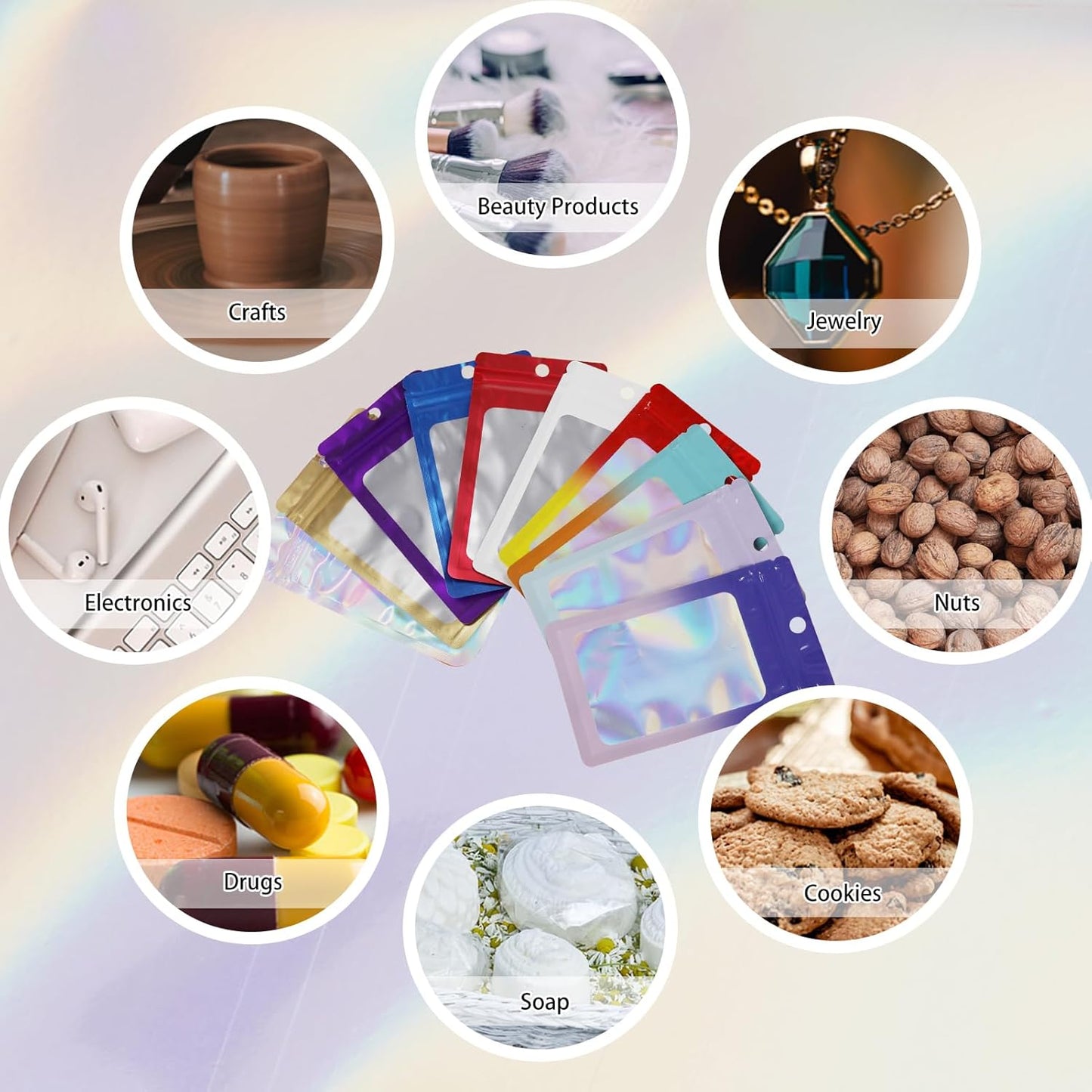 200 Pack Resealable Mylar Holographic Bags Food Storage Smell Proof Bags with Front Window Foil Packaging Pouch for Candy Sample Jewelry Small Business 4.13×5.91 Inch, Red Fade Yellow