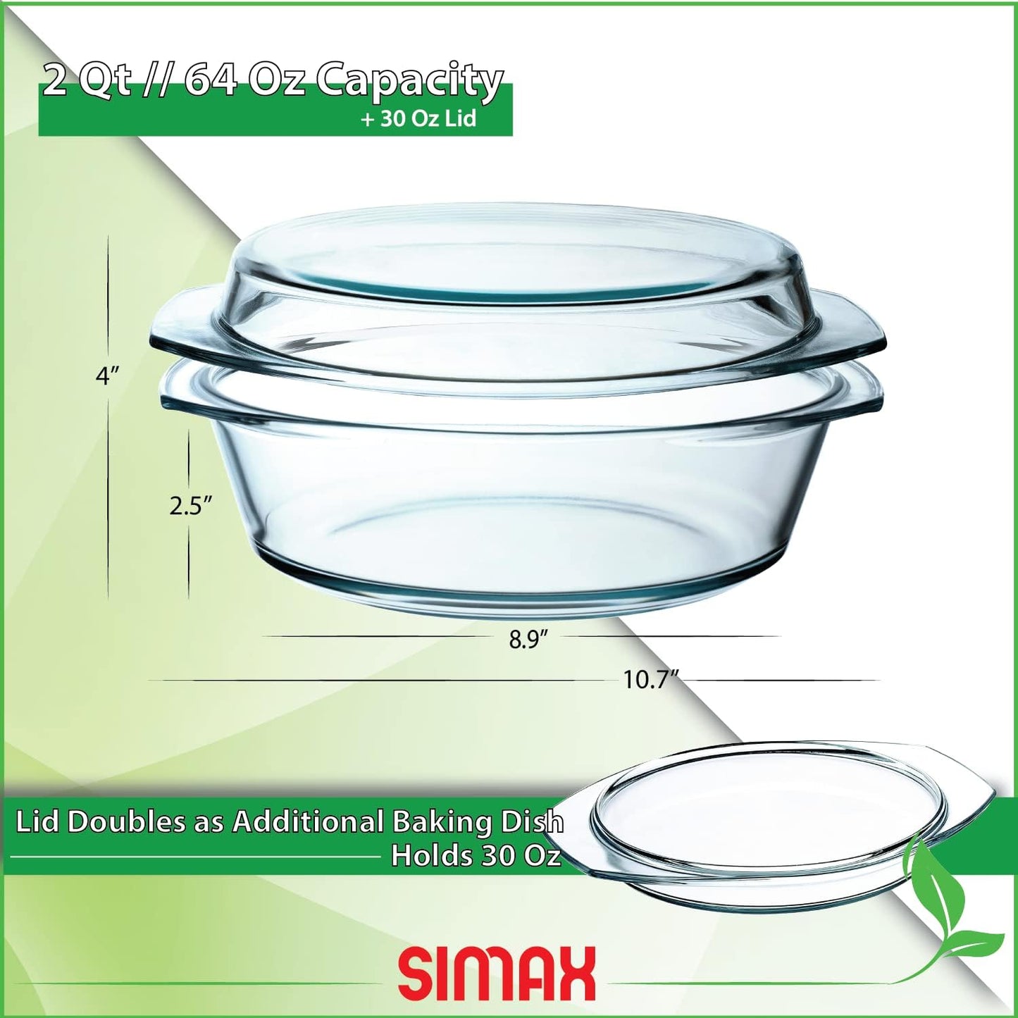 Simax Casserole Dish with Lid, 2 Quart Round Glass Casserole Dishes for Oven with Lid and Handles, Baking Dishes for Oven, Covered Bowl for Cooking, Baking, Serving, Microwave, Dishwasher, and Oven Safe Cookware