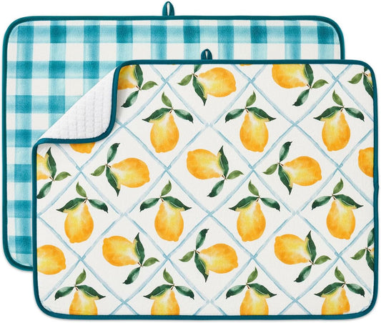 FRESHMINT Printed Dish Drying Mats for Kitchen Counter 2 Pack Absorbent Reversible Drying Mats Microfiber Kitchen Countertop Protector Dishes Drying Pad Extra Large 18"x24" Dish Mat