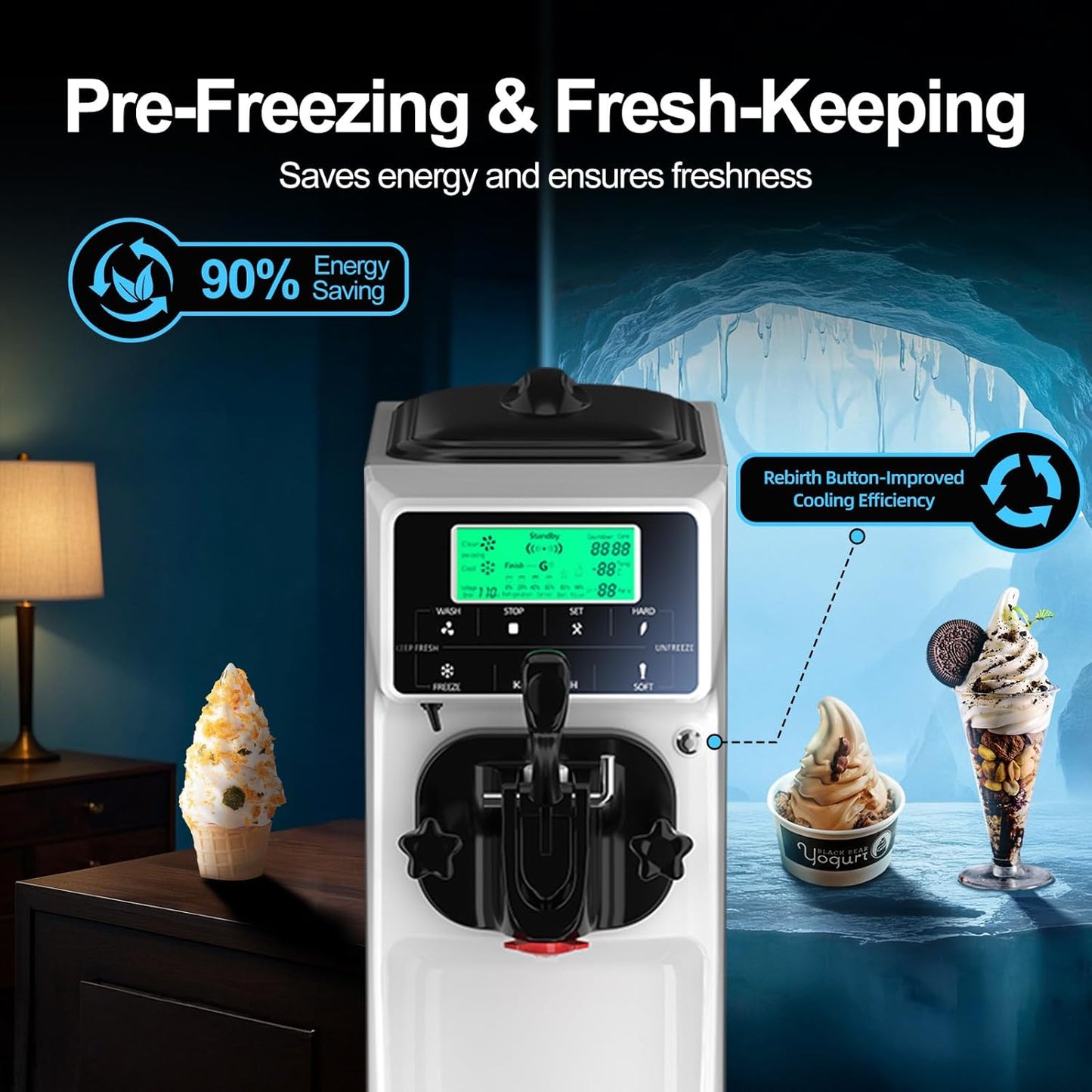 Ice Cream Maker Machine for Home, 5 Inch Screen Soft Serve Ice Cream Machine 4.2 Gals/H Single Flavor Ice Cream Maker with Pre-Cooling Soft Serve Machine with 1.6 Gals Tank for Birthday Party