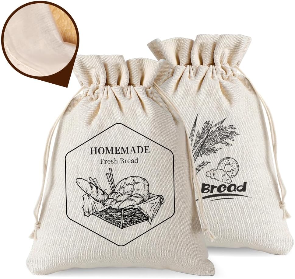2 Pack of Bread Bags for Homemade Bread，Reusable Linen Sourdough Storage Bags with Plastic Liner,Cotton (17.7" x12")