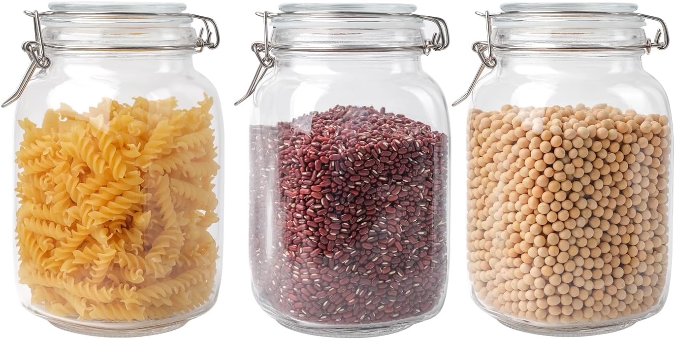 Glass Jars with Airtight Lid, Large Glass Food Storage Jars, 3 Pack Wide Mouth Airtight Glass Jars ffor Flour, Cereal, Coffee, Pasta and Canning(50OZ)