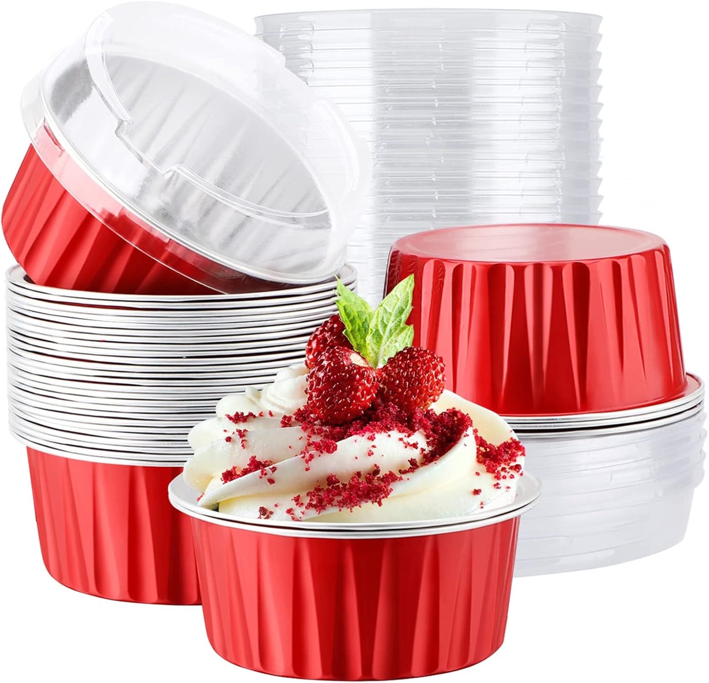 EUSOAR Disposable Ramekins, 30pcs 5oz Aluminum Foil Cupcake Baking Cups Containers with Lids, Dessert Cups Mini Aluminum Cheesecake Pan Creme Brulee Ramekins - Red