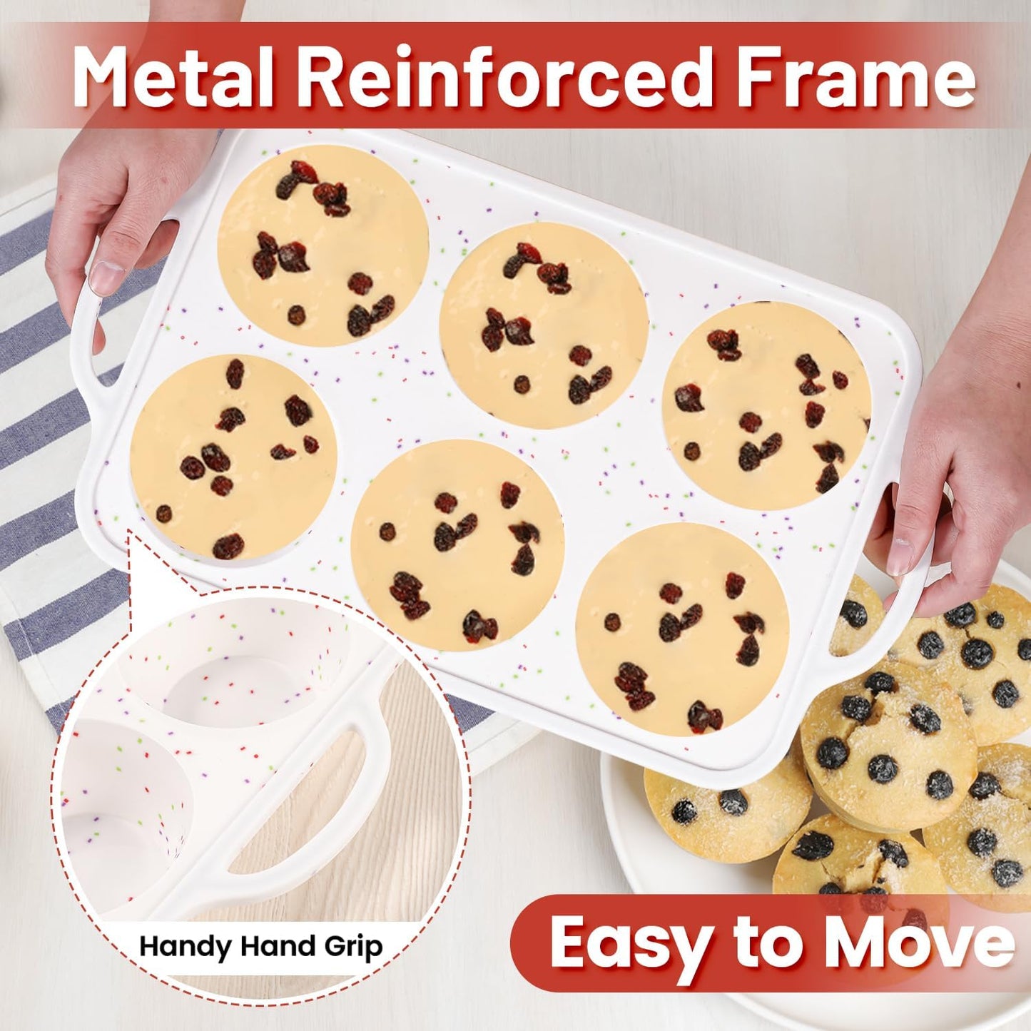 CAKETIME Large Muffin Pan, Metal Reinforced Frame 3.5 Inch Jumbo Silicone Muffin Pan Nonstick 6 Cups for Baking Jumbo Muffin, Frittatas, Jumbo Cupcakes 2 Pack