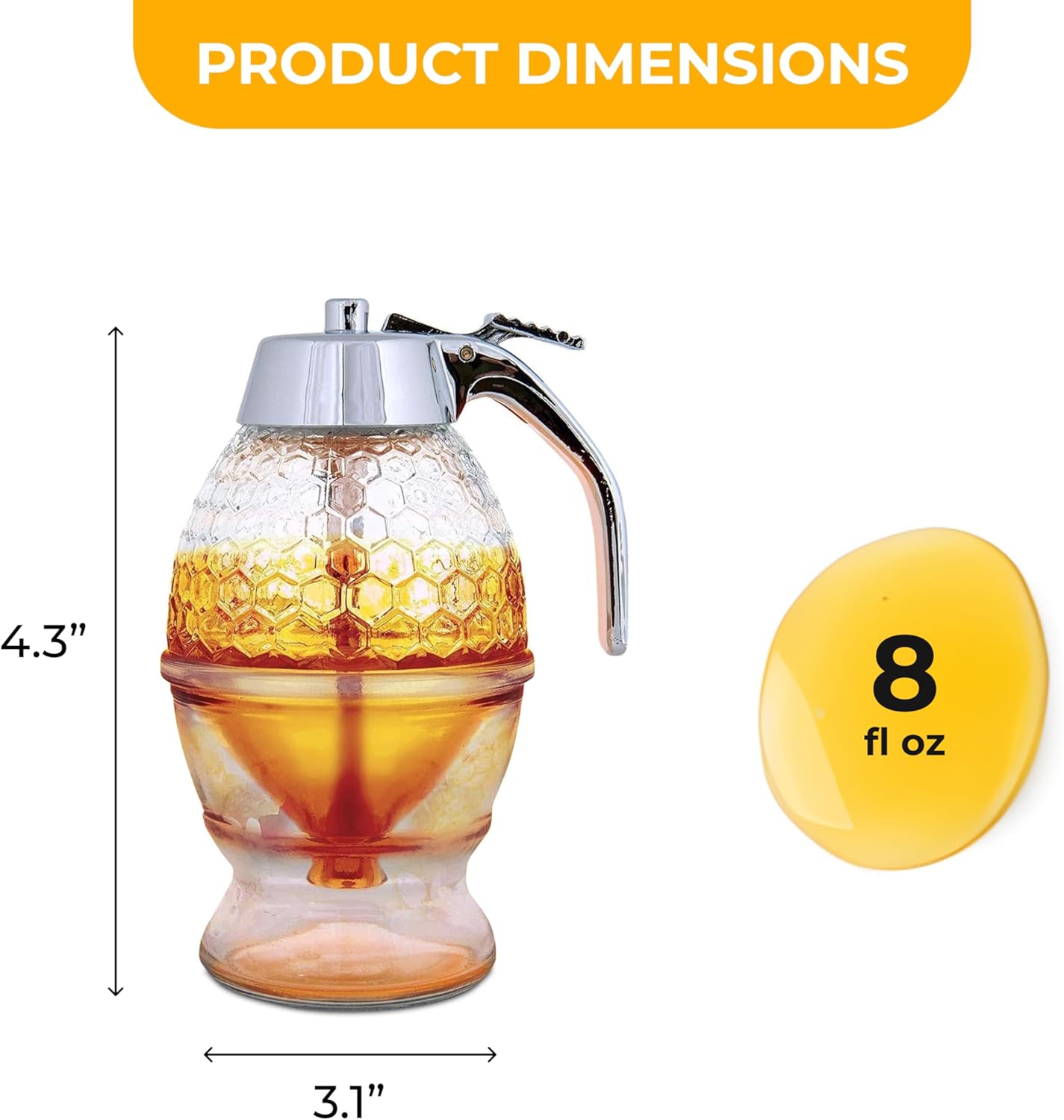 Hunnibi 8 oz Honey Syrup Dispenser No Drip - Coffee Syrup Dispenser with Stainless Steel Lid and Stand - No Mess Glass Honey Jar for Tea, Pancakes, Baking and Other Liquid Condiments - Easy to Refill