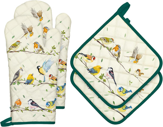 Bird Branch Oven Mitts and Pot Holders Sets 4Pcs, 100% Cotton Heat Resistant, Extra Long Oven Gloves Potholder for Kitchen Cooking Baking Decoration