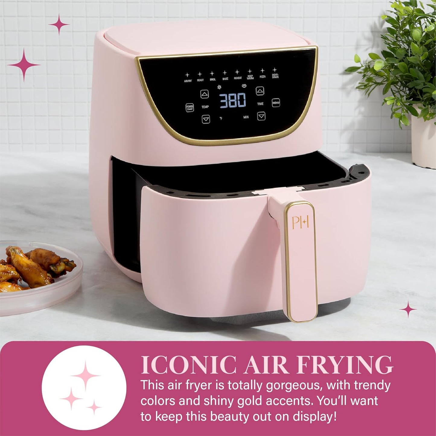 Paris Hilton Air Fryer, Large 6-Quart Capacity, Nonstick Made without PFAS, Touchscreen Display, 8-in-1 (Air Fry, Roast, Broil, Bake, Reheat, Keep Warm, Pizza, Dehydrate), Dishwasher Safe, Pink