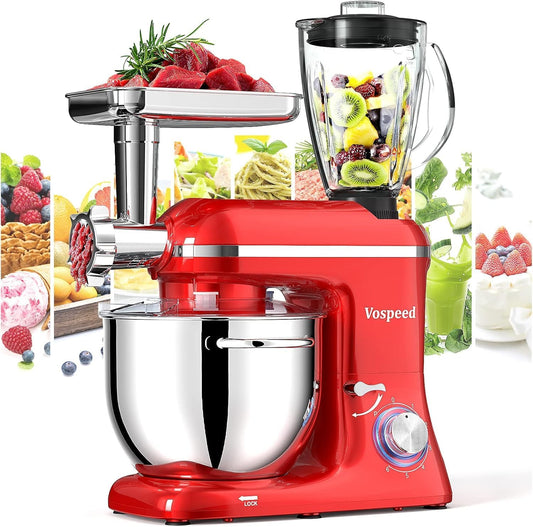 Vospeed 9 IN 1 Stand Mixer, 850W Tilt-Head Multifunctional Electric Mixer with 8 QT Stainless Steel Bowl, 1.5L Glass Jar, Meat Grinder, Hook, Whisk, Beater Dishwasher Safe (Red)