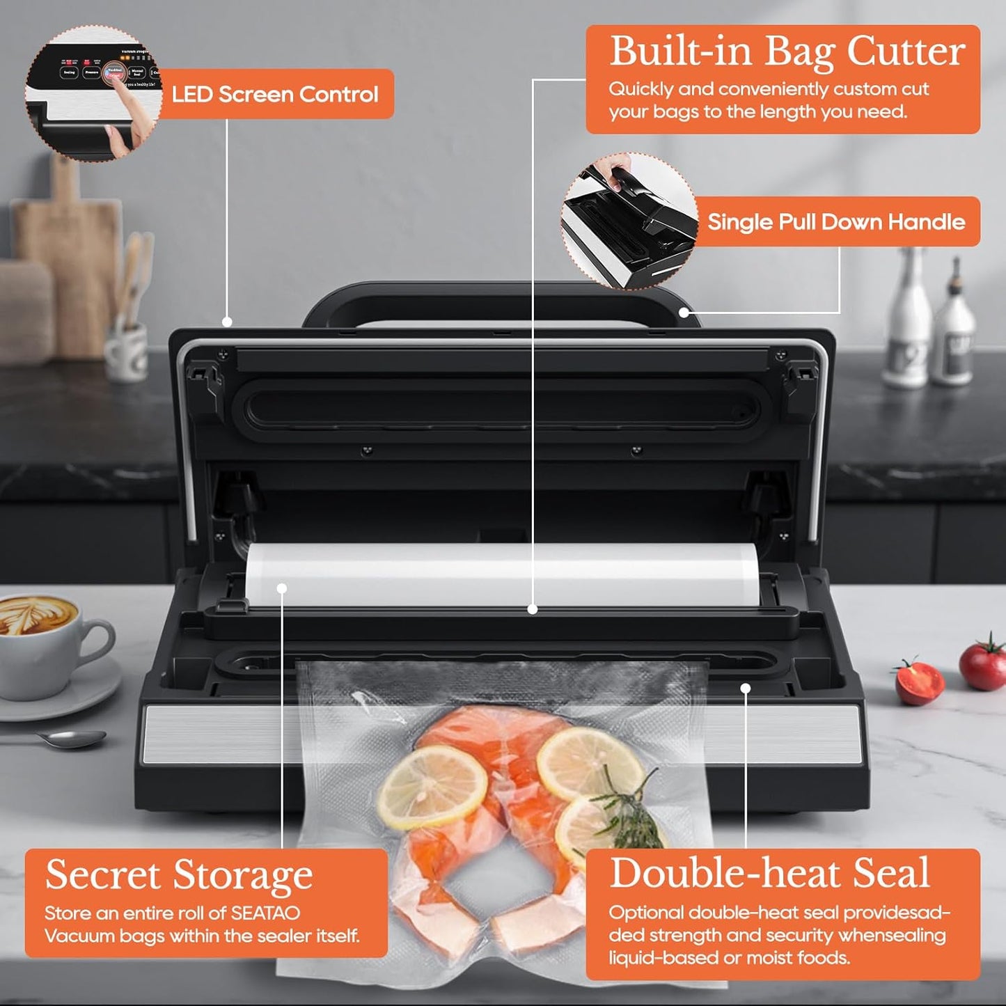 Upgraded Vacuum Sealer for Liquid, SEATAO 90Kpa Vacuum Sealer Machine for Dry/Moist/Liquid Food, Easy-Lock Handle, Double Heat Seal, Built-in Cutter and Bag Storage & Removable Drip Tray