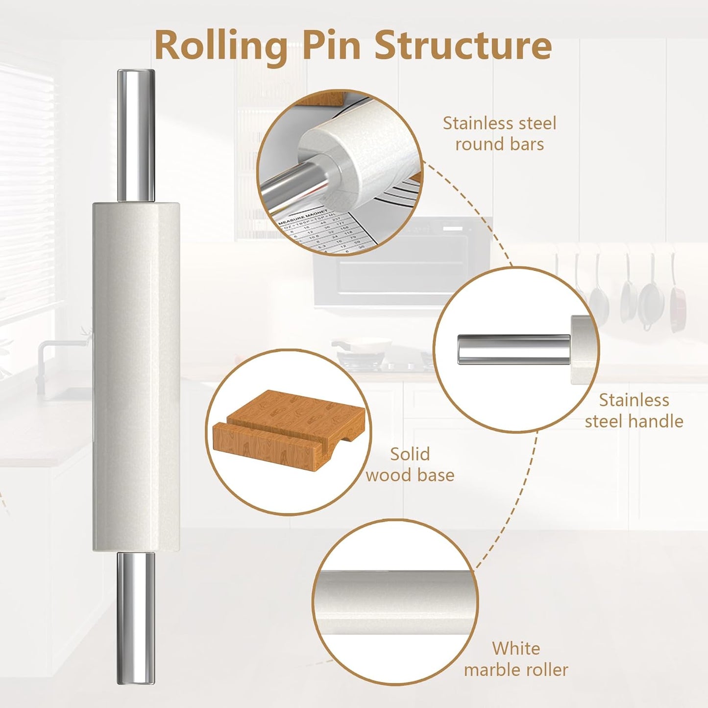 Marble Rolling Pin with Stainless Steel Handle for Baking,Fondant,Pizza,Cookie Crust,Pie,Cookies,Pastry, 18.5”(Includes handle) Marble Rolling Pin with 3 Multi-Color Thicknesses and Wood Stand