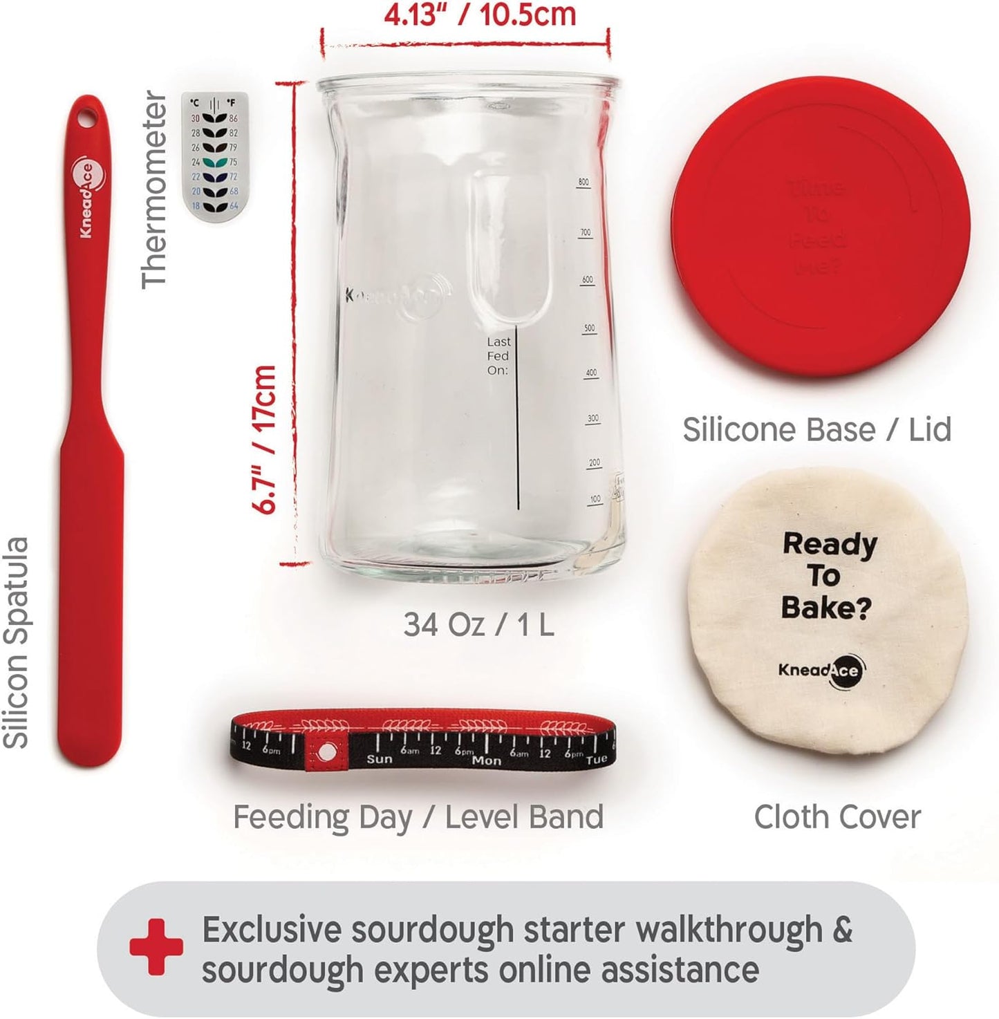 KneadAce Sourdough Starter Kit (PRO 34oz Jar, 2xRound Baskets, Red Bread Lame)