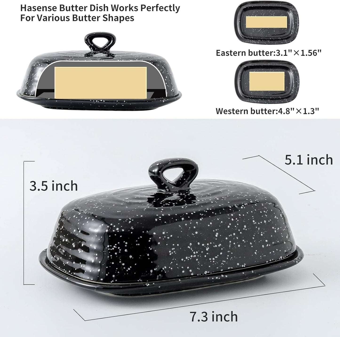 Hasense Butter Dish with Lid, Ceramic Butter Dish with Cover for Countertop, Porcelain Butter Keeper Holder with Handle Design for East West Coast Butter, Butter Tray with Lid for Fridge, Black