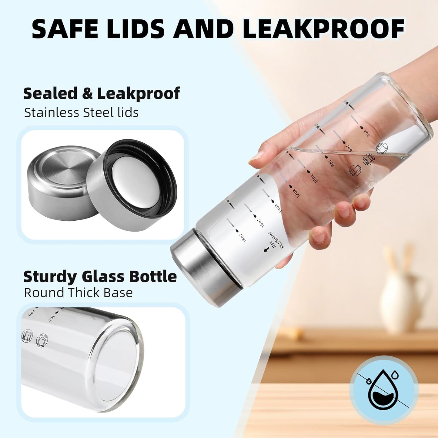 Glass Juice Bottles 6 Pack 20 oz - Wide Mouth Glass Water Bottles with Lids - Borosilicate,Stainless Steel Lids for Juicing, Smoothies, Infused Water, Beverage Storage, Leakproof, Reusable,BPA Free