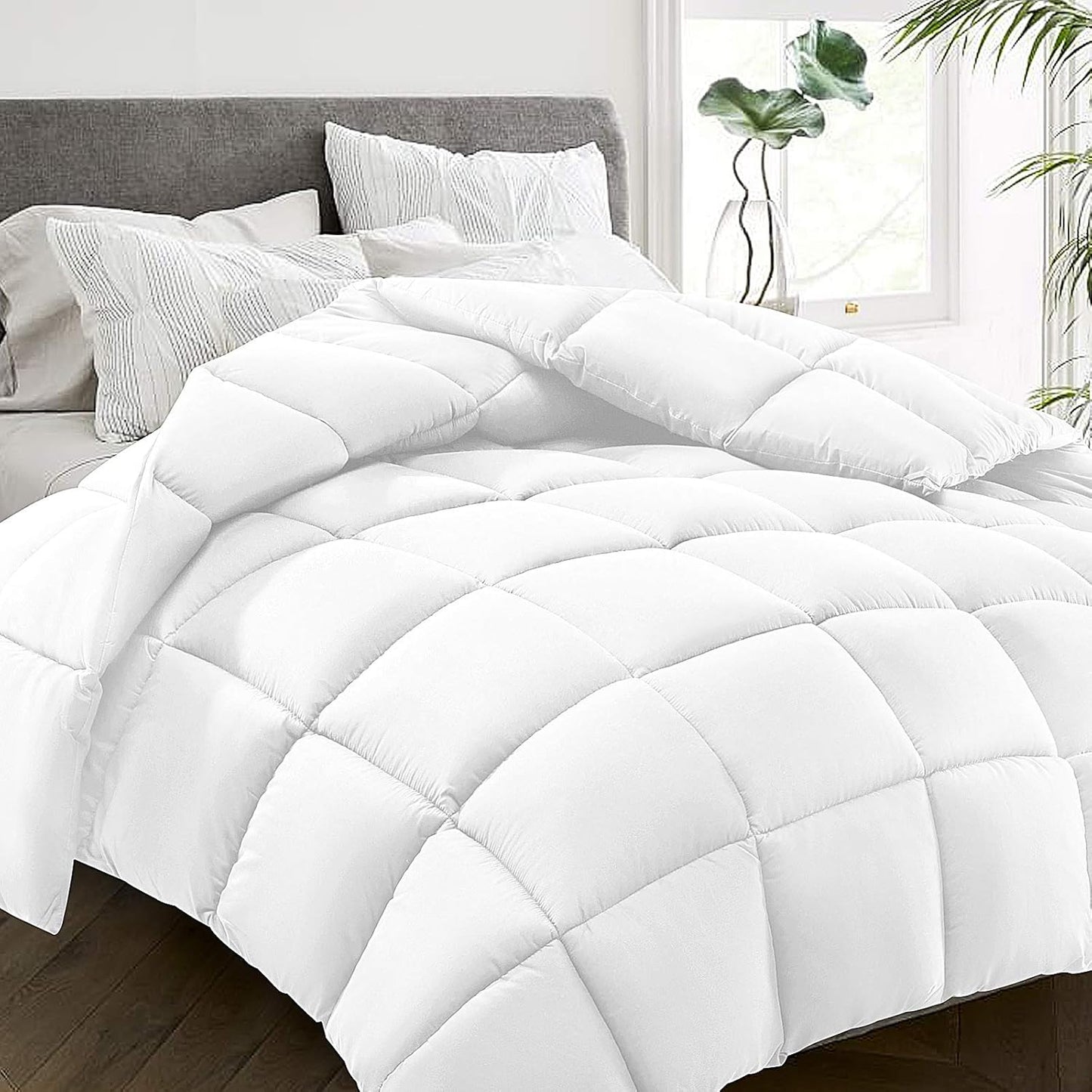 HYLEORY All Season Twin Size Bed Comforter - Cooling Goose Down Alternative Quilted Duvet Insert with Corner Tabs - Winter Warm - Machine Washable - White