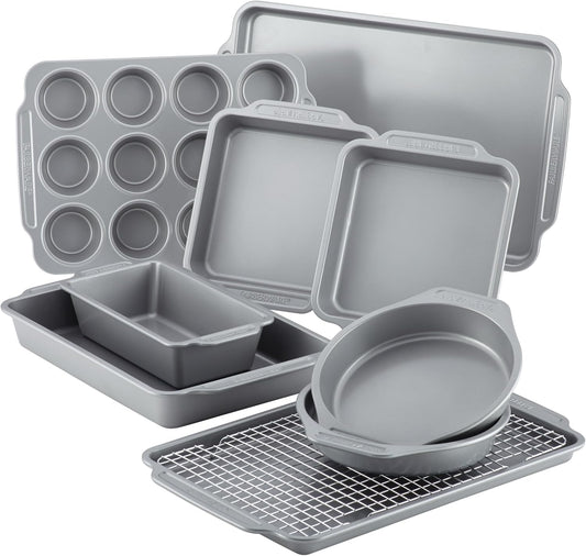 Farberware Nonstick Steel Bakeware Set with Cooling Rack, Baking Pan and Cookie Sheet Set with Nonstick Bread Pan and Cooling Grid, 10-Piece Set, Gray