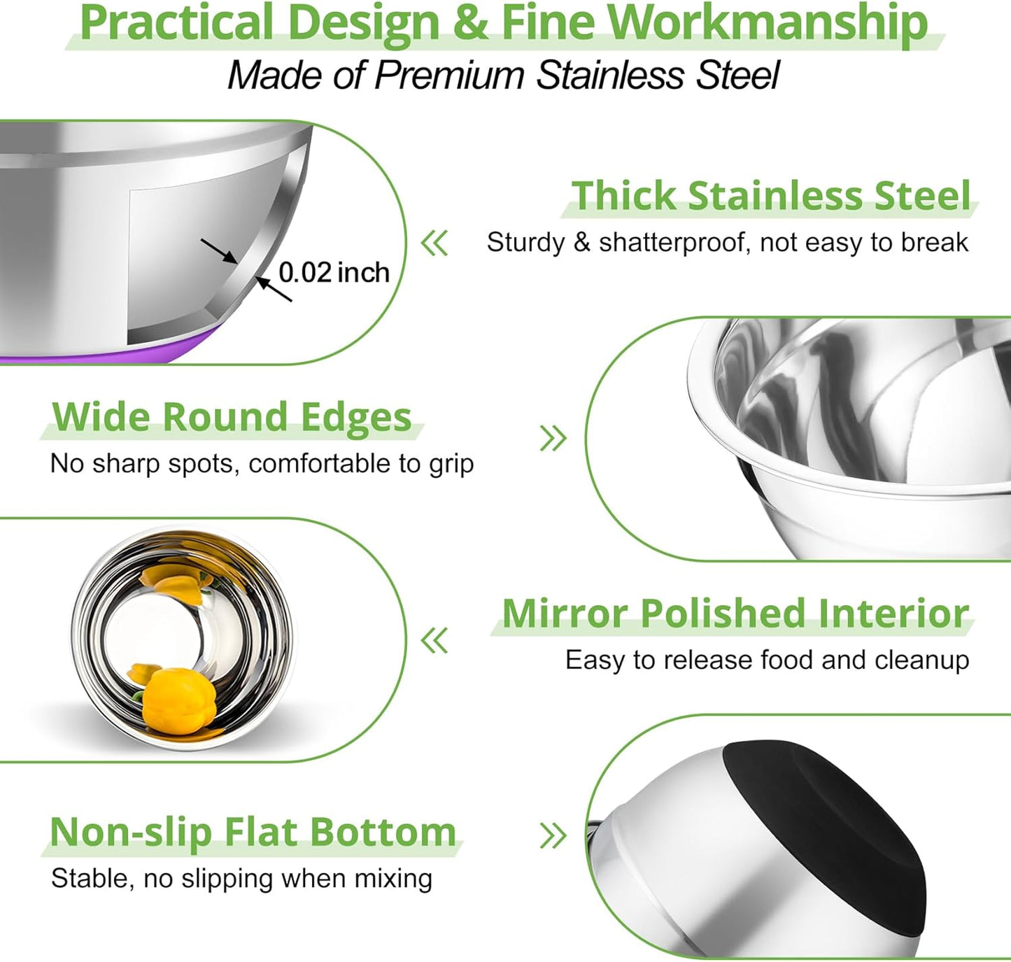 TeamFar Mixing Bowls, 5PCS Stainless Steel Serving Salad Bowls with Lids, For Kitchen Mixing/Baking/Storing/Prepping, Visible & Airtight, Non-Slip Bottom - 4.6/3.5/1.5/1 / 0.7 QT, Multi-color