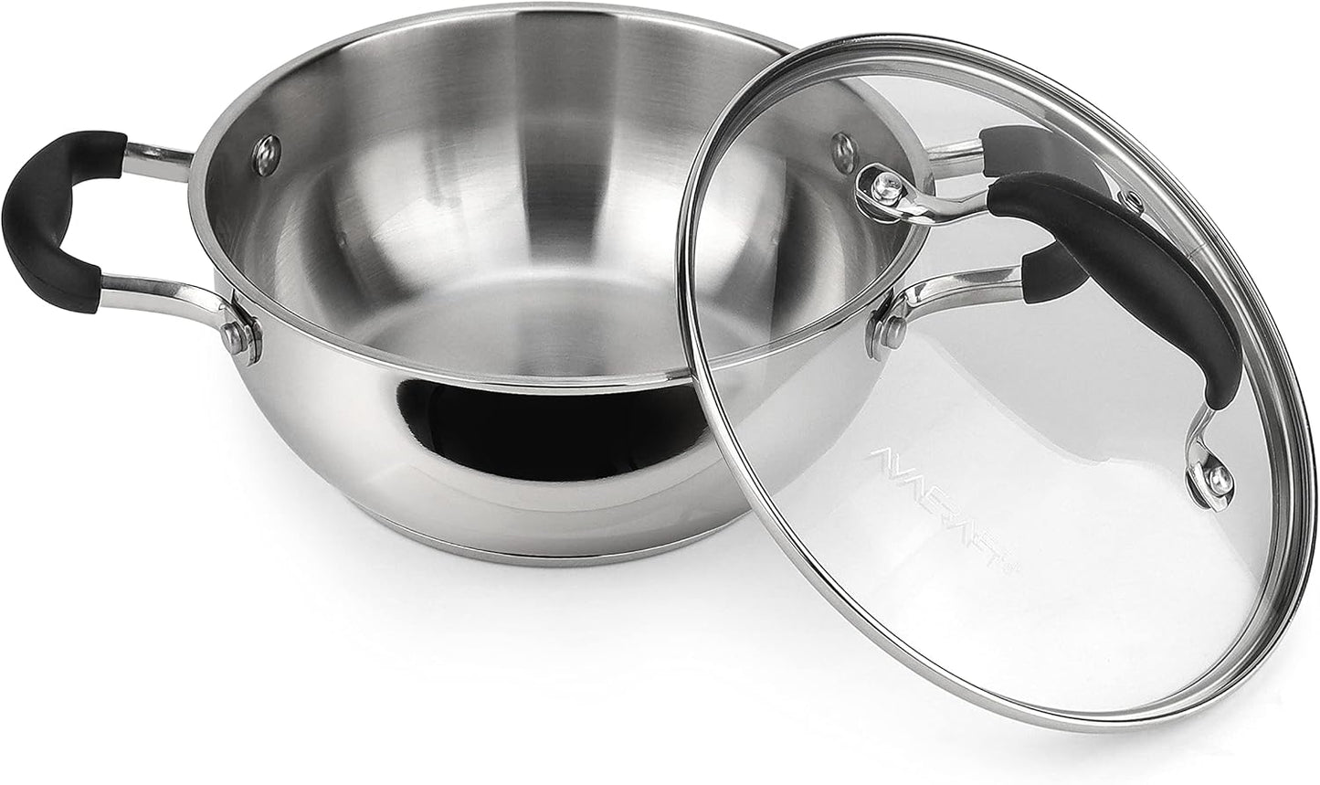 AVACRAFT 18/10 Stainless Steel Everyday Pan, Stir Fry Pan with Five-Ply Base, Chef’s Pan with Glass Lid, Multipurpose Stewpot Skillet, Saute Pan, Casserole in Pots and Pans (8 inch)