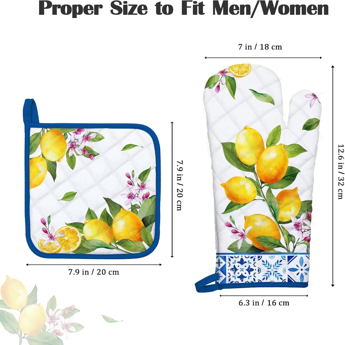 Summer Lemon Oven Mitts and Pot Holders Sets 4Pcs, 100% Cotton Heat Resistant, Extra Long Oven Gloves Potholder for Kitchen Cooking Baking Decoration