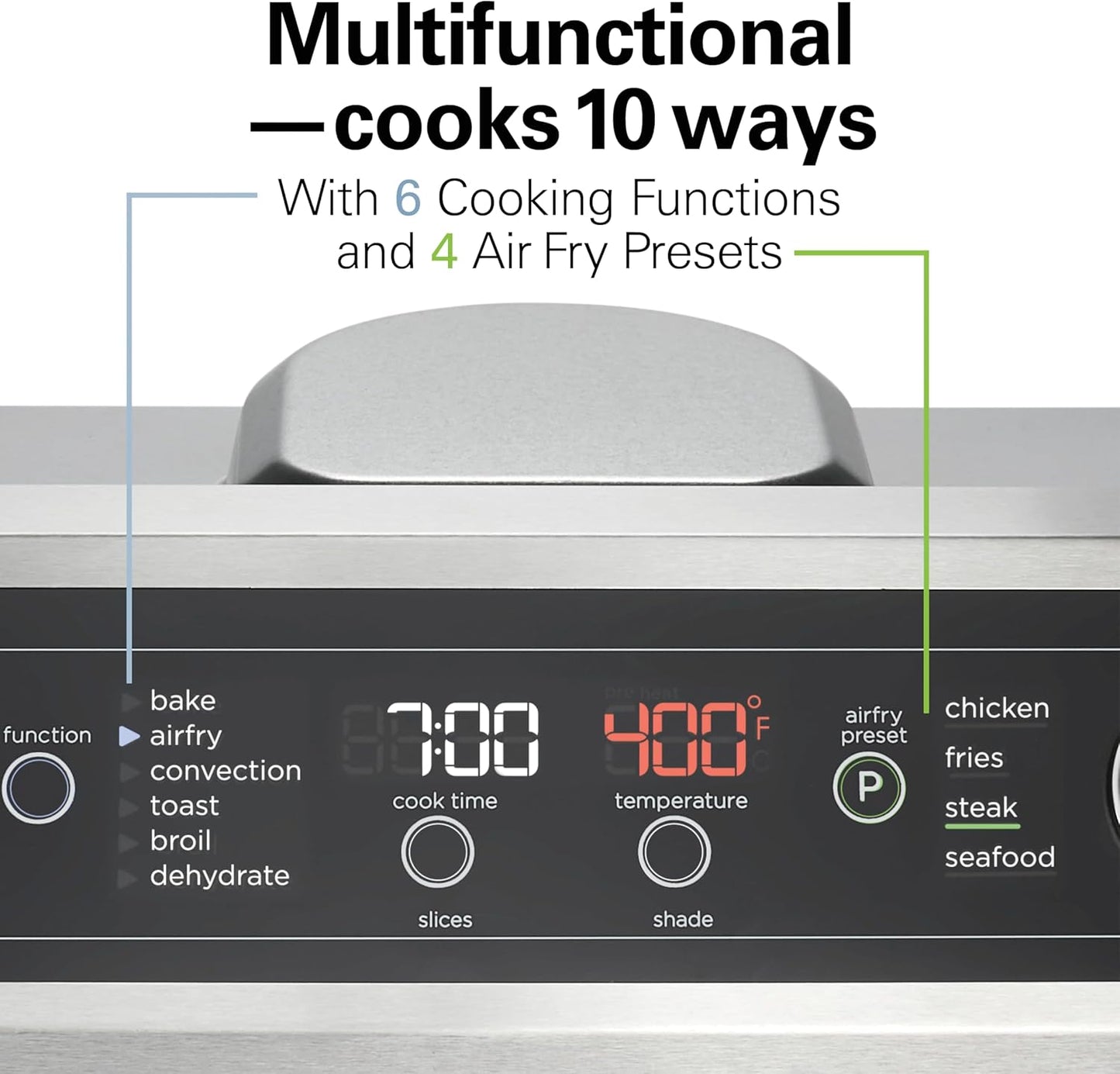 Hamilton Beach Digital Air Fryer Toaster Oven Combo, 10 Ways to Cook, 4 Preset Functions, Stay On & 1800 Watts, LED Capacitive-Touch Controls, 2 Rack Positions, Fits 12” Pizza, Black & Stainless Steel