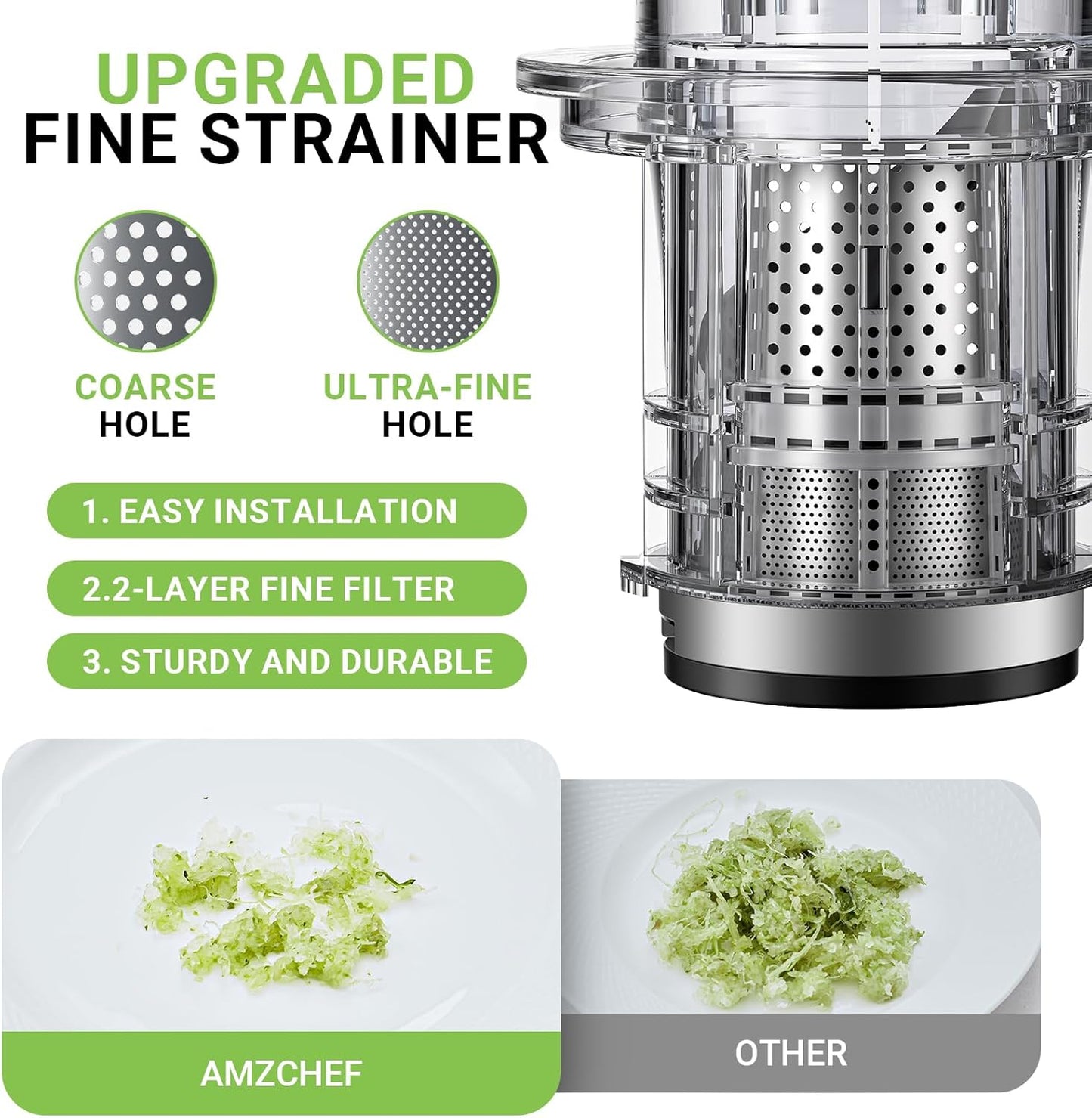 AMZCHEF Cold Press Juicer, Juicer Machines - 3.1" Large Feed Chute for Whole Fruits & Vegetables, Stainless Steel Slow Masticating Juicer Easy to Clean, Large Auger, Double Strainers, Silver