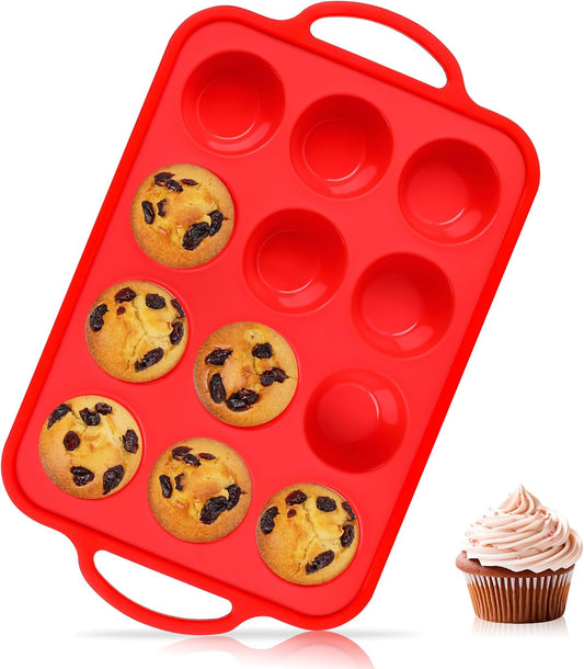 Silicone Muffin Pan for Baking 12 Cup Nonstick Cupcake Pan Small Silicone Cupcake Mold with Metal Reinforced Frame BPA Free (1 Pc, Red)