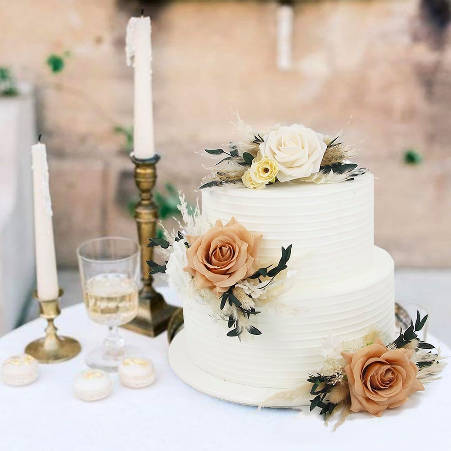 Rinlong 3Pcs Pre-made Boho Cake Toppers Pampas Cake Decorations Birthday Wedding Cake Decorating Flowers Baptism Decor for Women Girls