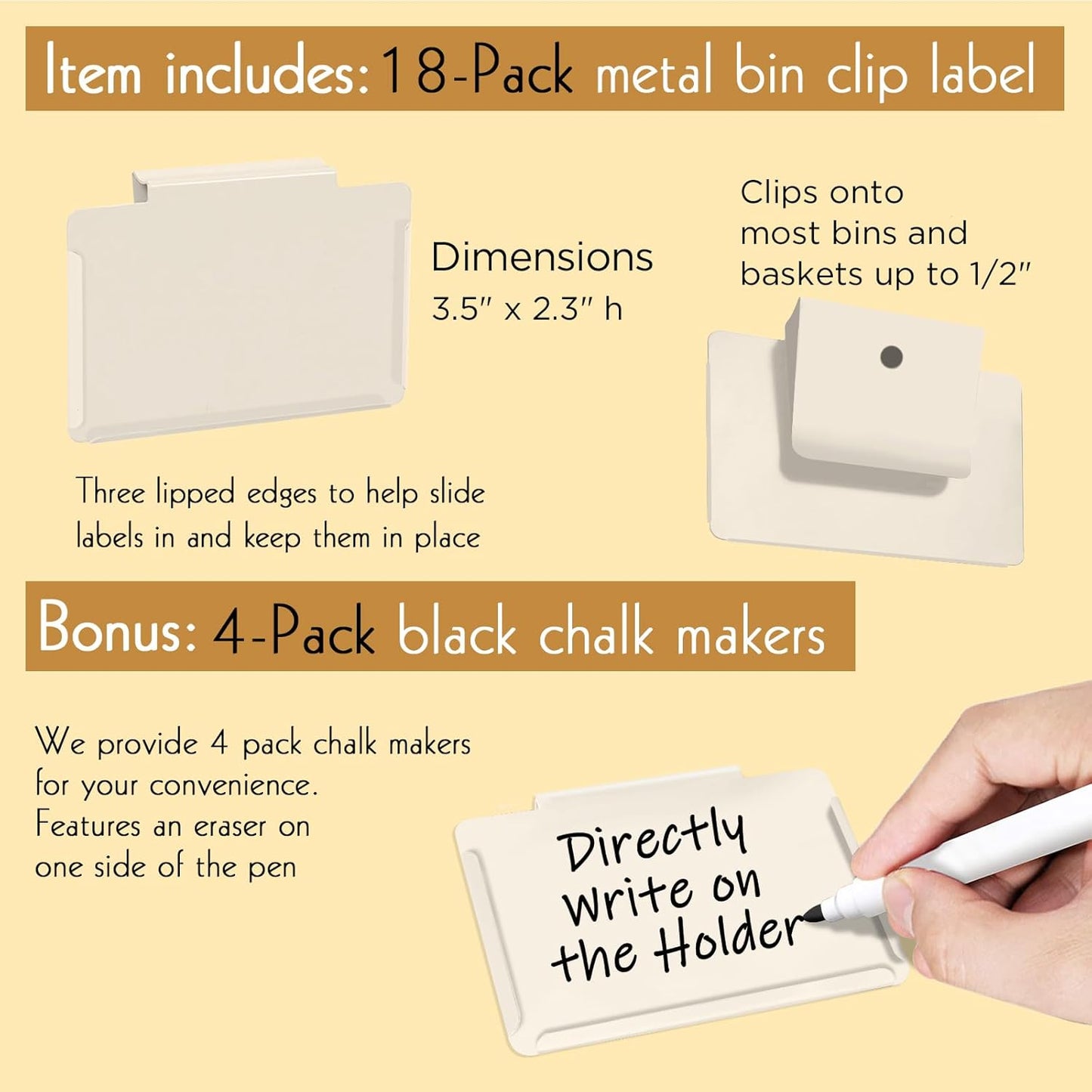 Basket Labels Clip on | Label Holders for Basket or Storage Bins Includes White Chalk Markers (18 Cream Holders + 4 Black Chalk Makers)