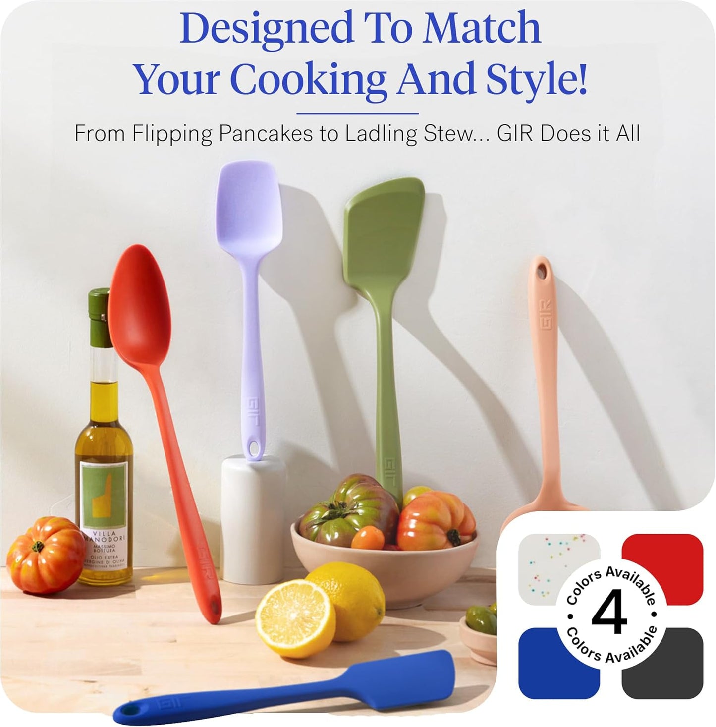 GIR: Get It Right - 5 Piece Essentials All Purpose Set - Ladle, Spatula, Flip, Spoon & Spoonula, Non-stick, Heat Resistant, Dishwasher Safe, Kitchen Utensils, Baking Supplies - Royal Blue