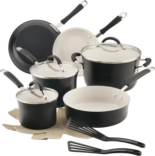 Rachael Ray Cucina Ceramic Cookware Set - 13 Pieces - Ceramic Pots and Pans Set w/Nonstick Frying Pans, Saute Pan, Saucepans, Stockpot, Lids, Pan Protectors & Cooking Utensils - Peppercorn