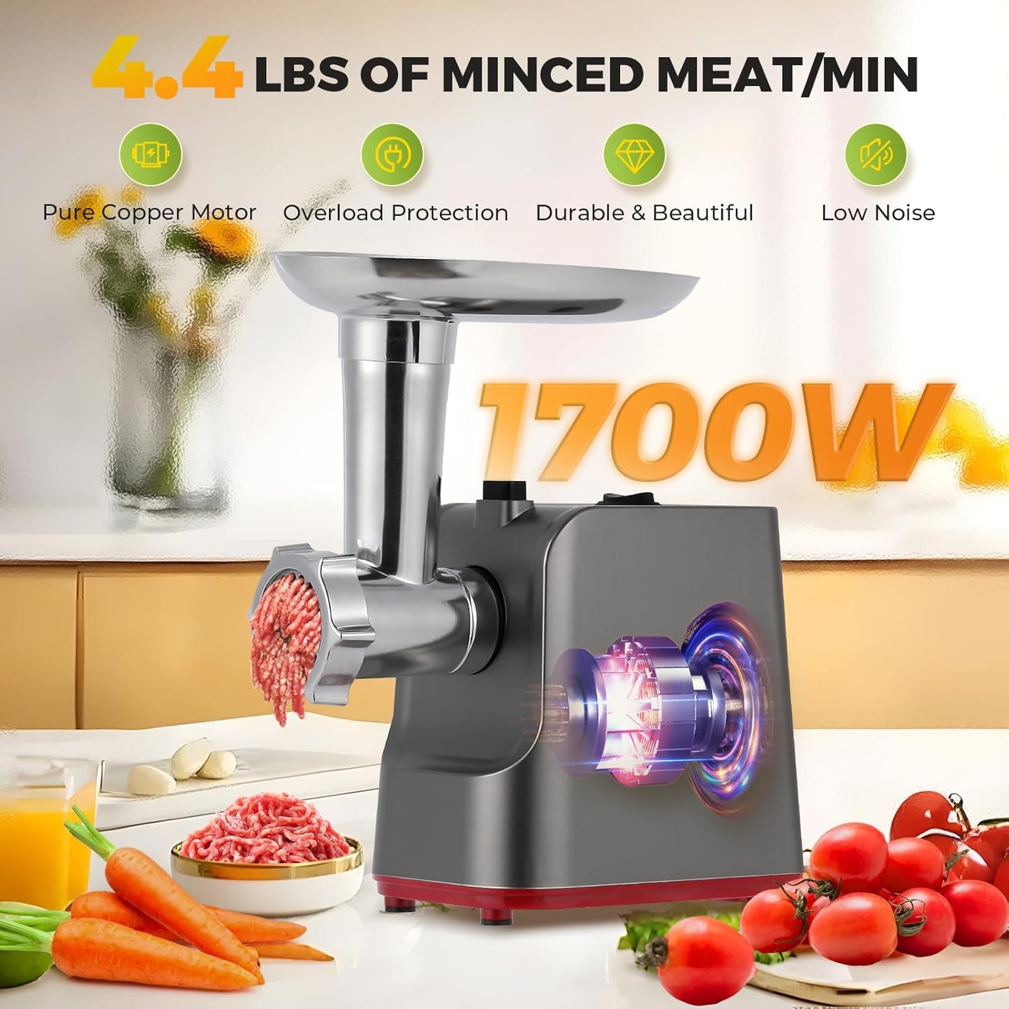 Meat Grinder Electric 9-In-1 Grinder 1700W For Meat with Attachments Sausage Maker, Kubbe Kit Stainless Steel Juicer, 3 Grinding Plates Meat Grinder for Home & Kitchen