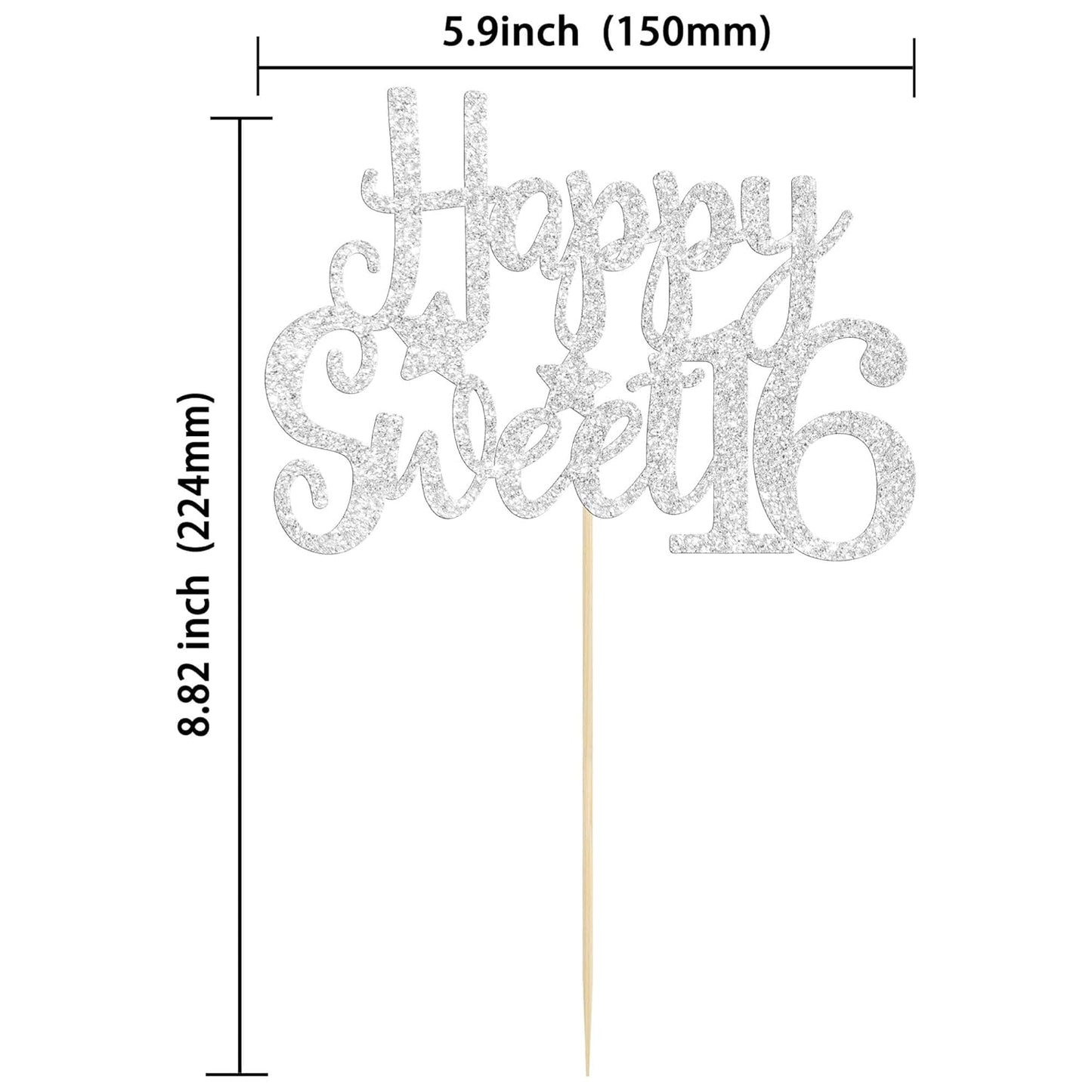 Gyufise 1Pc Happy Sweet 16 Cake Topper Sweet 16 Birthday Decorations Happy 16th Birthday Cake Decorations for Girls/Boys Silver Glitter