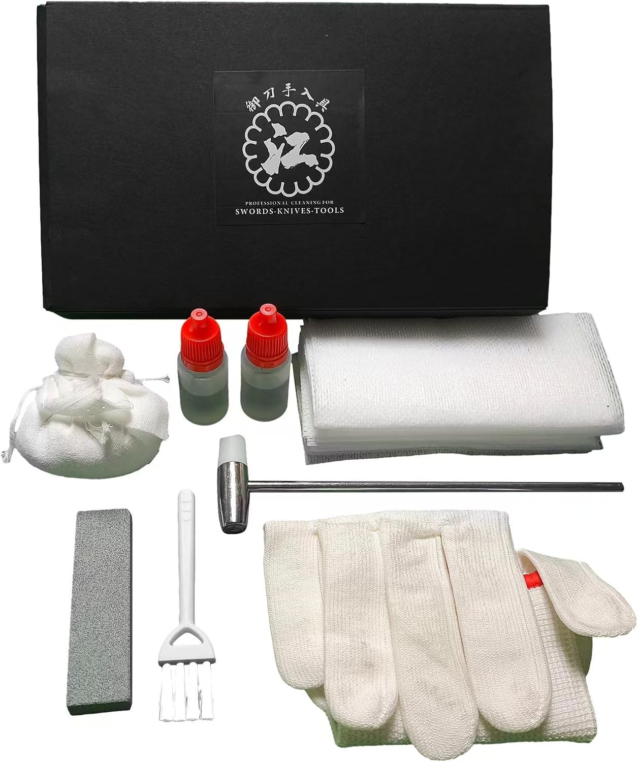 Katana Cleaning Set, Katana Maintenance Kit with Sword Oil, Cleaning Powder, Clean Wiper, Hammer, Brush, Sharpening Stone and Glove, Gift for Men