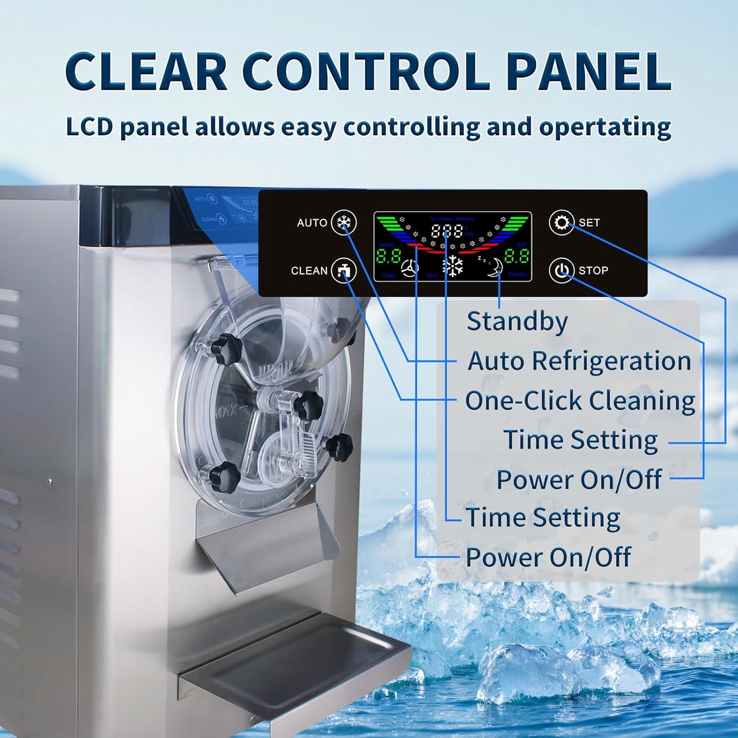 Ice Cream Maker Commercial Machine 18-24L/H, 6.3Gph Capacity Suitable for Restaurant/Bar/Home, 2000W Hard Ice Cream Machine with LED Display, (110V 60Hz)