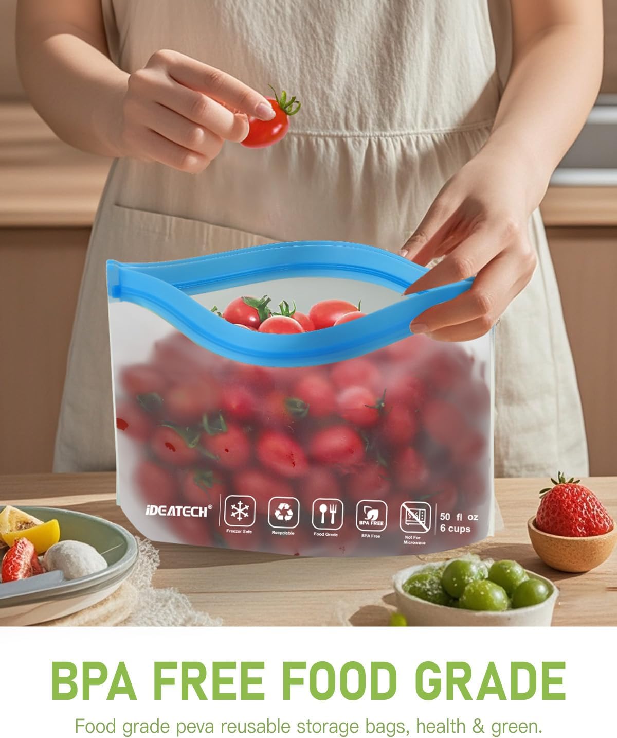 IDEATECH 12Pack Food Storage Bags Dishwasher Safe, BPA Free Gallon Freezer Bags, Reusable Snack Bags, Leakproof BPA Free Reusable Baggies for Lunch,Travel(2Gallon 4Quart 4Snack, Grey)