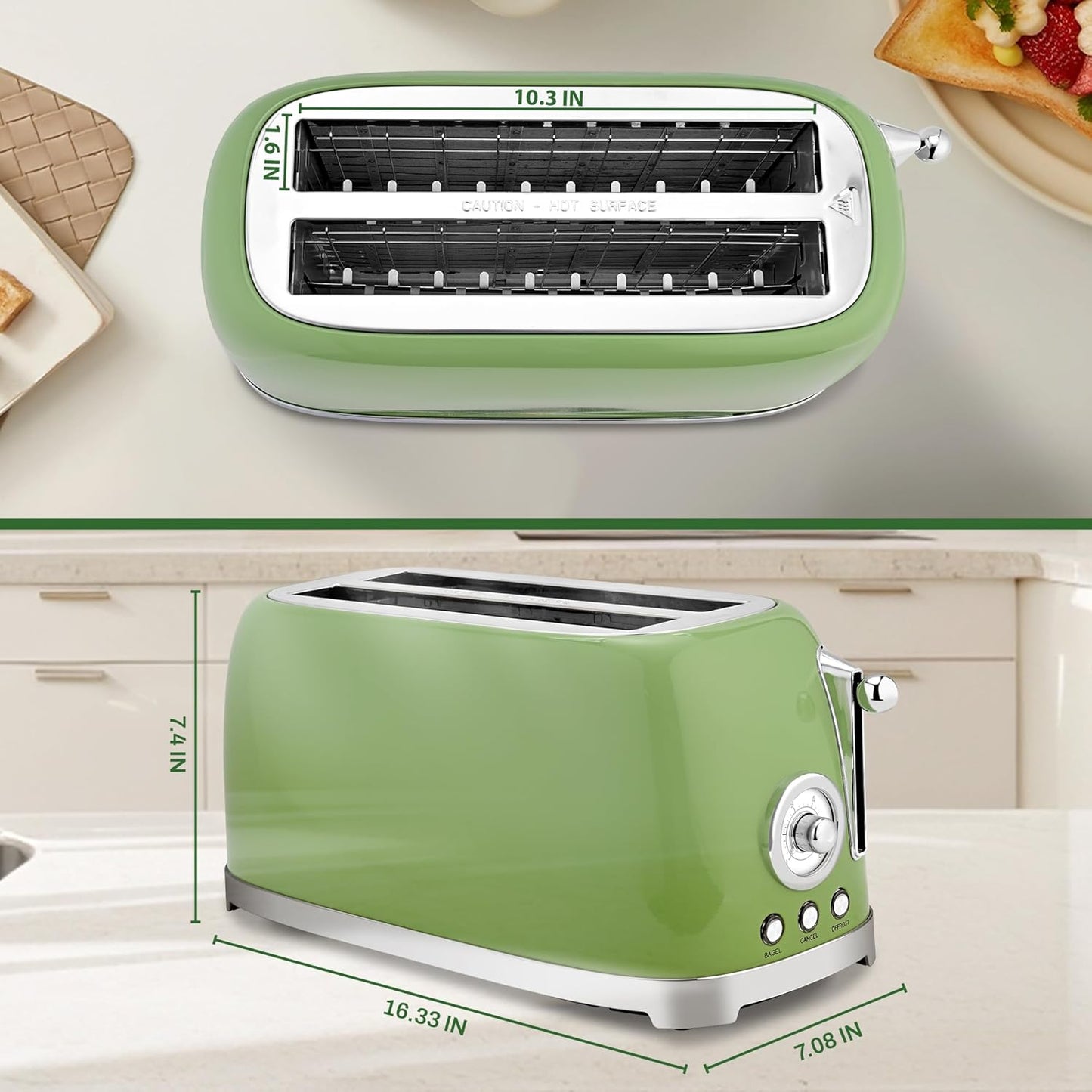 SUSTEAS Toaster 4 Slice Wide Slot, Stainless Steel Bread Bagel Toasters, Retro Long Slot Tostadora for Defrost, Reheat, Removable Crumb Tray, 1500W, 6 Browning Settings, Retro Green