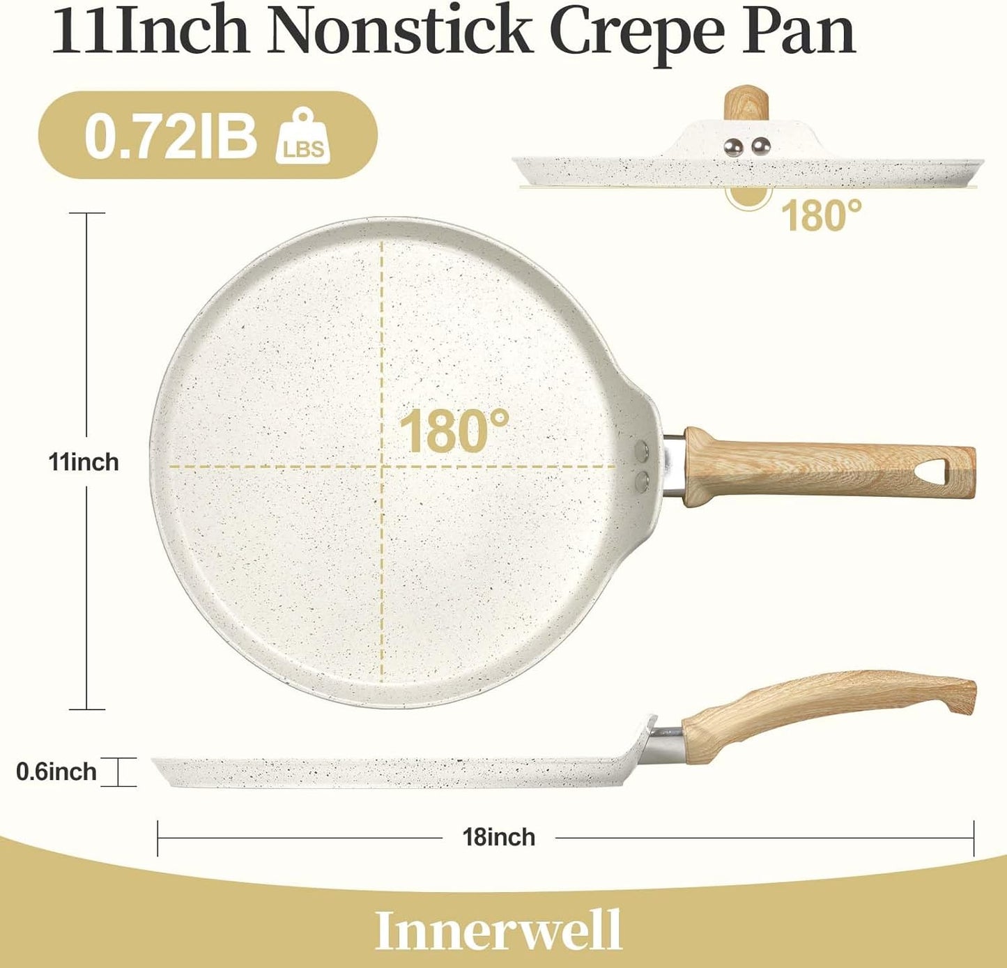 Nonstick Crepe Pan, Granite Coating Flat Skillet Dosa Tawa Tortilla Pan, 10 inch White Pancake Griddle Roti Pan With Stay-Cool Handle, Induction Compatible, PFOA Free