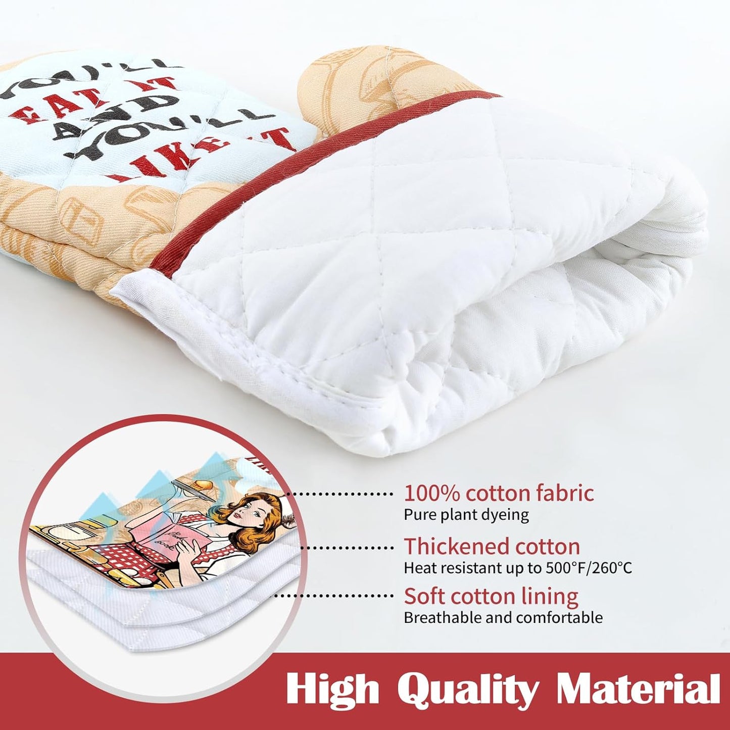 Retro Housewife Oven Mitts and Pot Holders Sets 4Pcs, 100% Cotton Heat Resistant, Extra Long Oven Gloves Potholder for Kitchen Cooking Baking Decoration