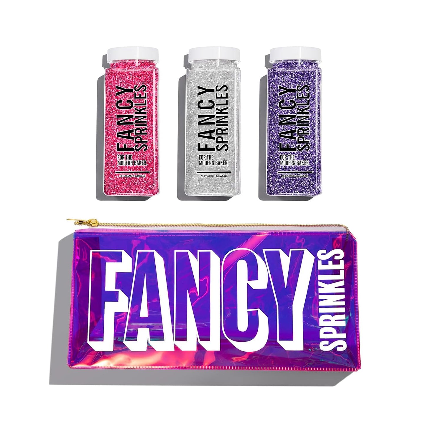 Fancy Sprinkles Total Flirt Sugar Set with Fancy Purple Tote Bag Fancy Sugar Pearlescent, Sparkly Sugar Crystals (Amethyst Purple, Tourmaline Pink and Diamond White) (8 OZ)
