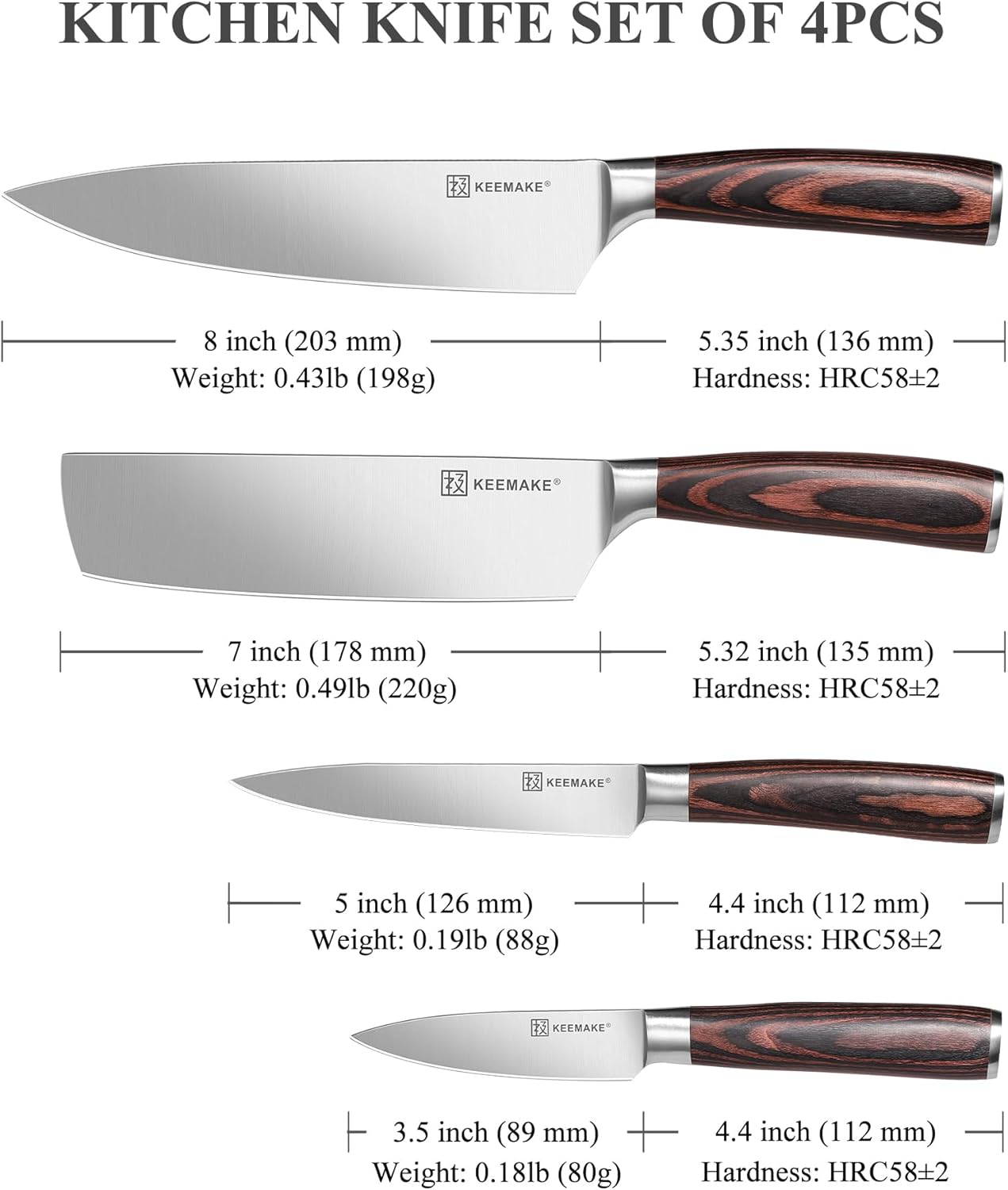 KEEMAKE Kitchen Knife Set of 4pcs - Sharp Kitchen Knives High Carbon Stainless Steel Blade, Chef Knife Set Pakkawood Handle Knives Set for Kitchen, w/Elegant Gift Box