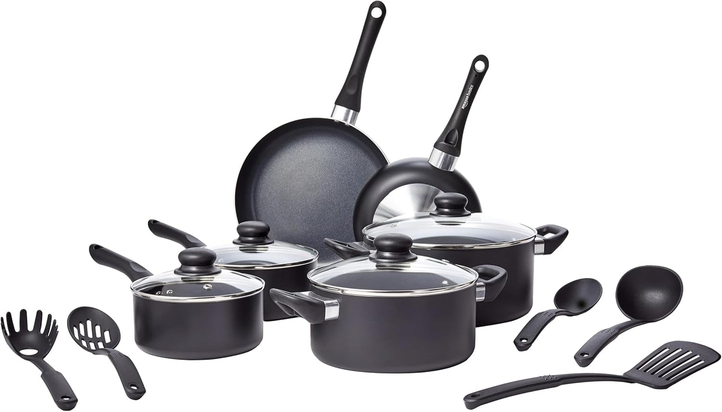 Amazon Basics Non Stick Kitchen Cookware 15-Piece Set, Non-Induction, Includes Pots, Pans, and Utensils, Black