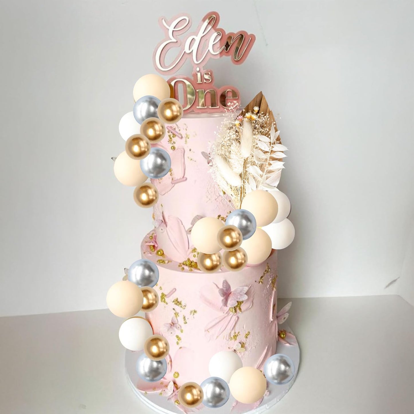 Gyufise 21 Pack Flower Boho Cake Topper Ball Cake Decorations Palm Leaves Plants Cake Decor for Girl Bohemian Princess Theme Wedding Baby Shower Birthday Party Supplies Gold White Khaki