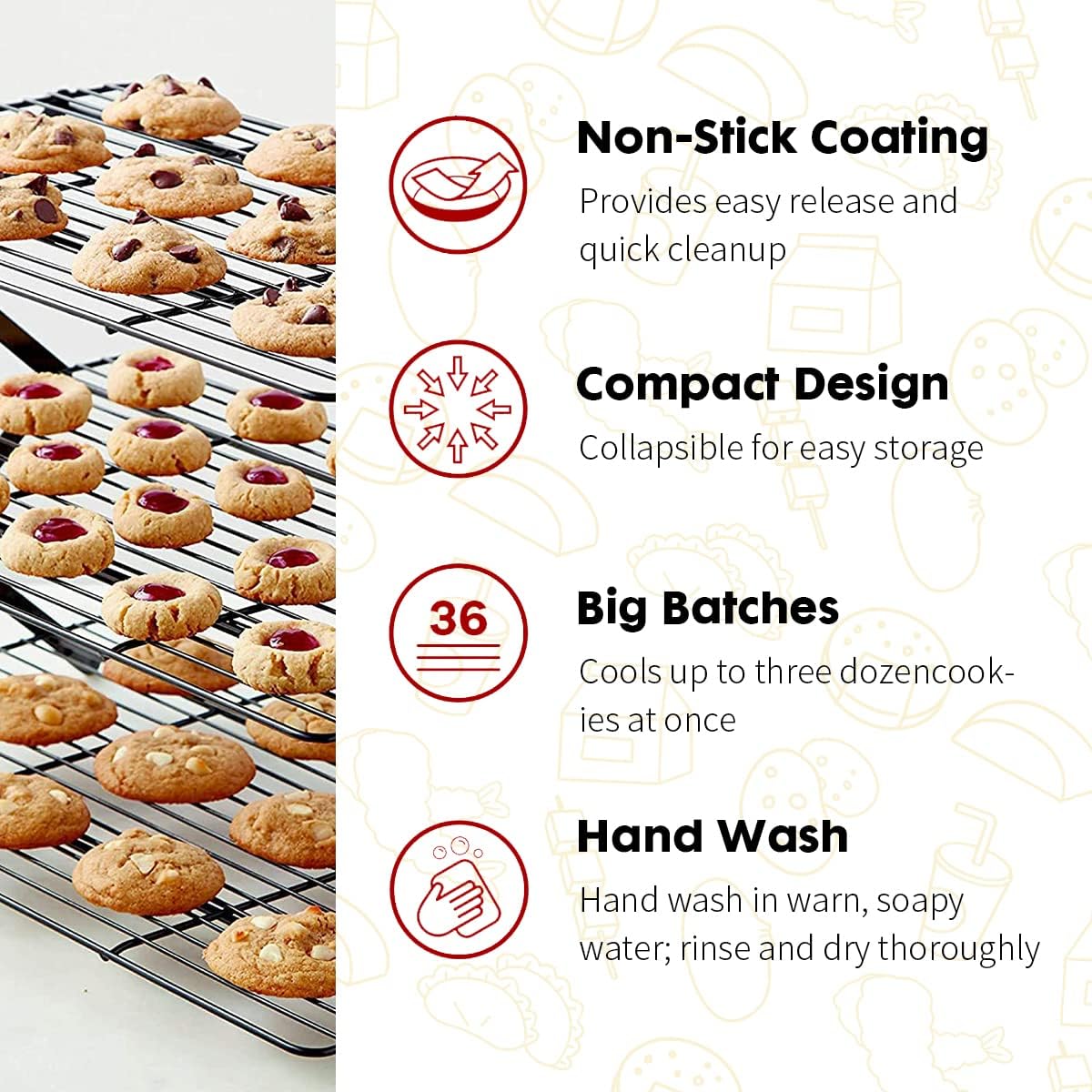 ShellKingdom Cooling Racks, Stainless Steel Non-Stick Baking Racks And Oven Safe Wire Cool Racks for Cookies, Cakes and Baking,3-Tier,Foldable