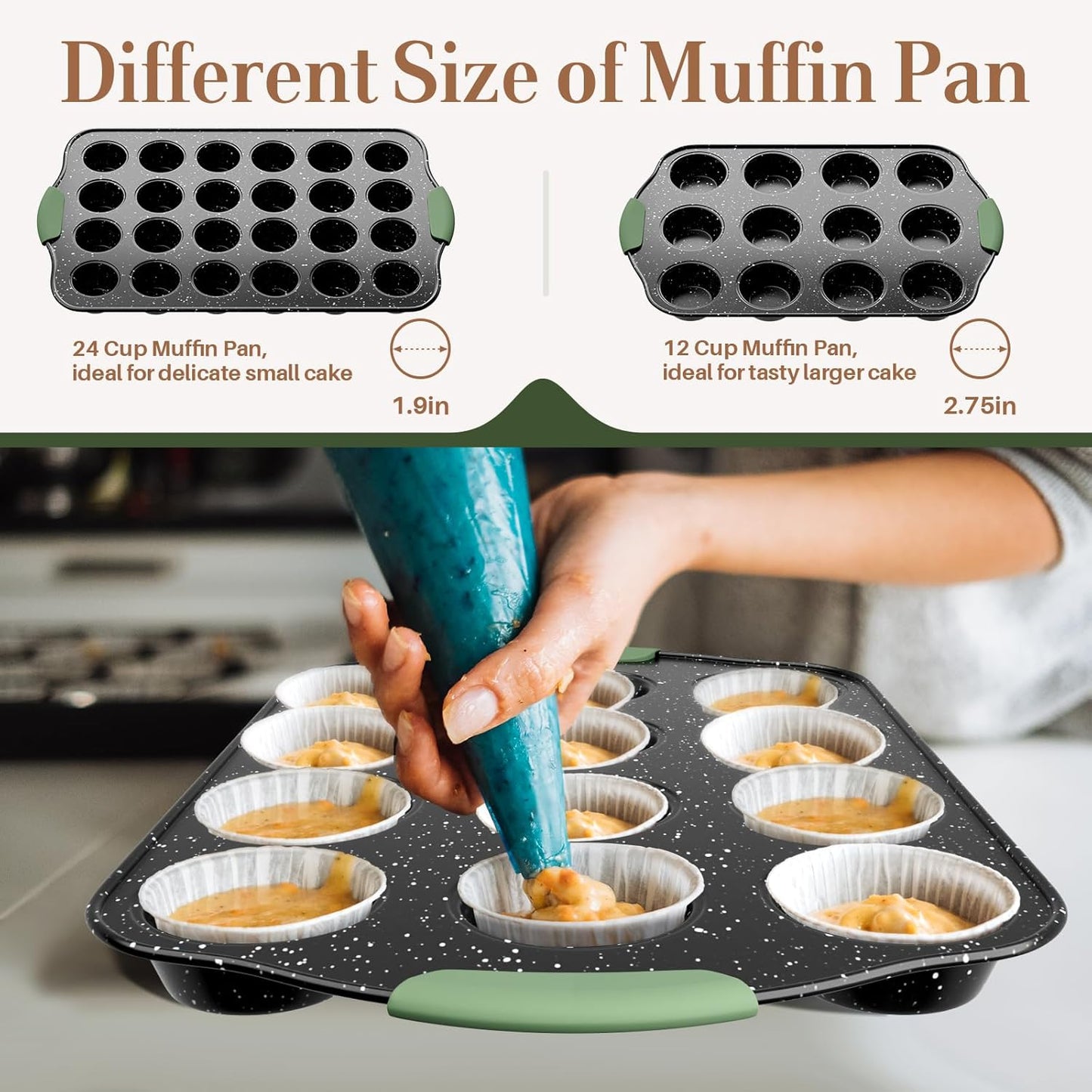11-Piece Nonstick Bakeware Set, Stackable & Oven-Safe Kitchen Baking Pans with Silicone Handles - Includes Cookie Sheet, Cake Pan, Muffin Tin, Pizza Stone & Bread Loaf Pan, Dark Green&Black
