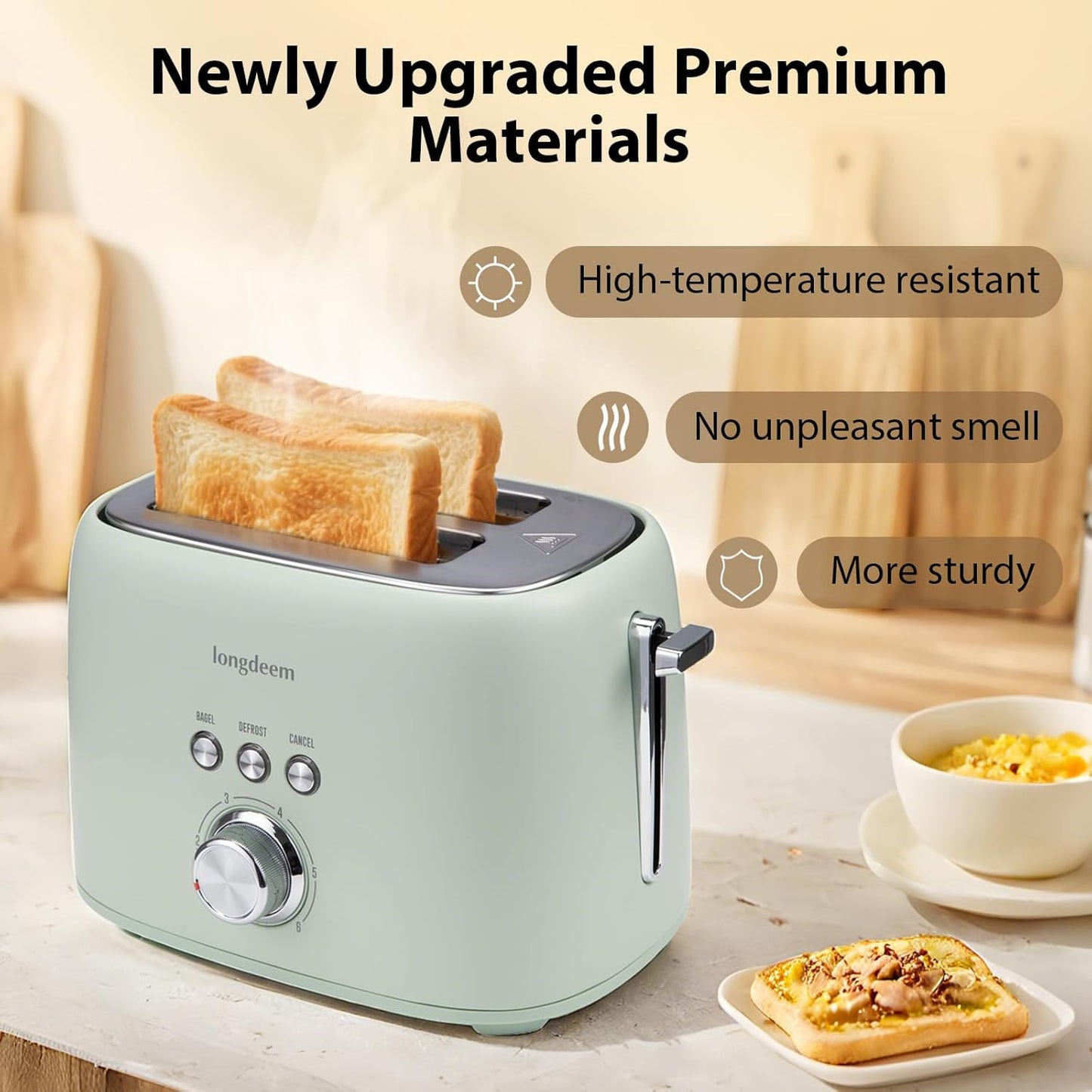 2-Slice Toaster 1.5" Extra Wide Slot Stainless Steel with High Lift Lever, 6 Presets & Bagel/Defrost/Cancel Function, Removal Crumb Tray, Under Base Cord Storage, Green