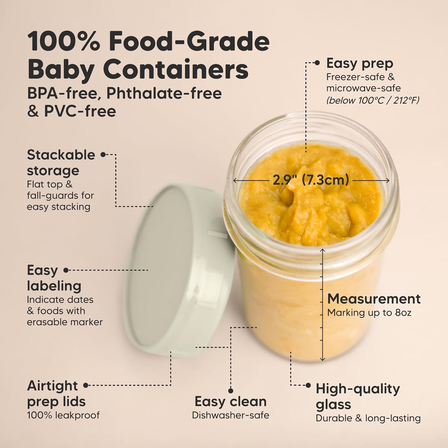 KeaBabies 4pk 8oz Glass Baby Food Containers with Lids - Leak-Proof, Microwavable Small Glass Jars, Baby Purees & Toddler Snack Storage Containers, BPA-Free, Dishwasher & Freezer Safe (Sage)