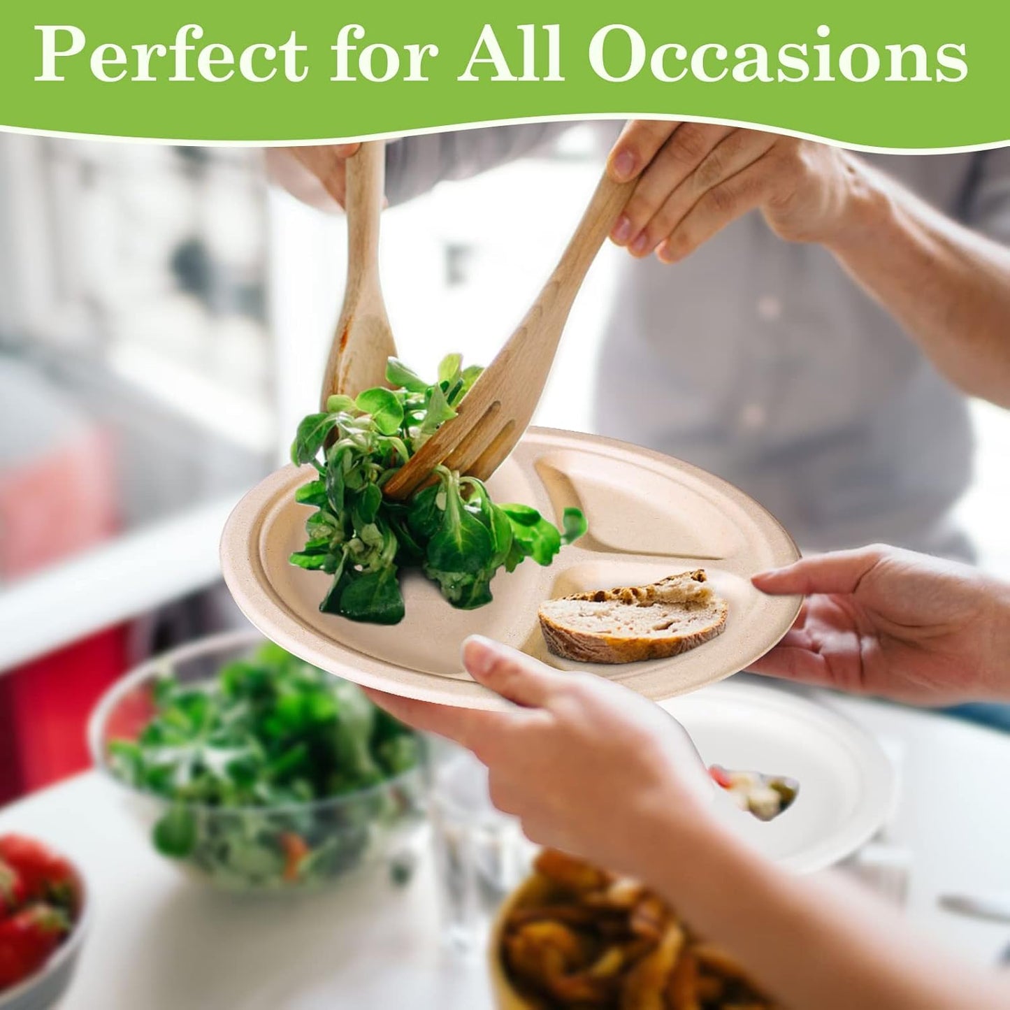 Compartment Plates - Disposable, 9 inch, 100 Pack, Biodegradable, Heavy Duty with Dividers