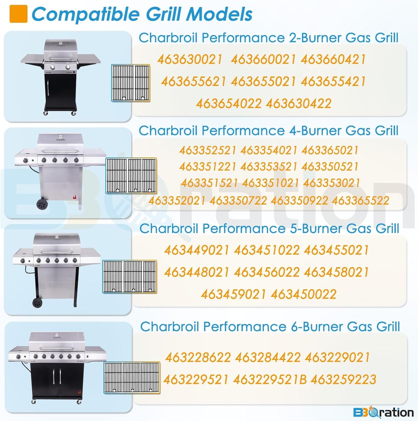 Grill Parts for Charbroil Performance 5 Burner 463448021 463449021 463450022 463451022 463455021, 17 inch Cooking Grate, Burner and Heat Plate for Charbroil Grill Replacement Parts