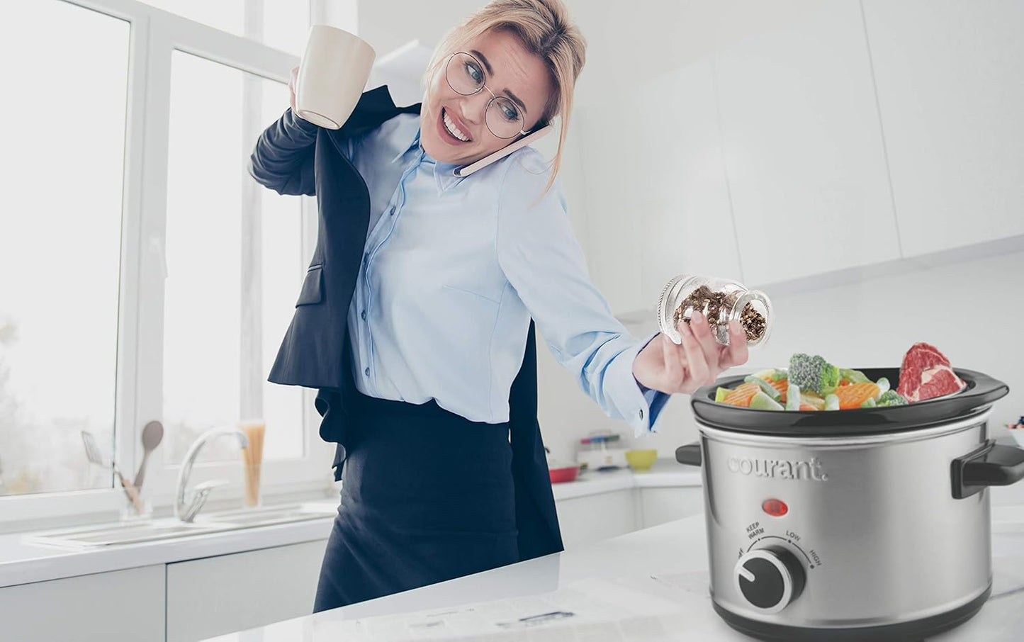 Courant Small Slow Cooker 1.6 QT, 3 Heat Settings, Removable Ceramic Pot" Easy Clean, Dishwasher Safe, Mini Slow Cooker, Stainless Steel