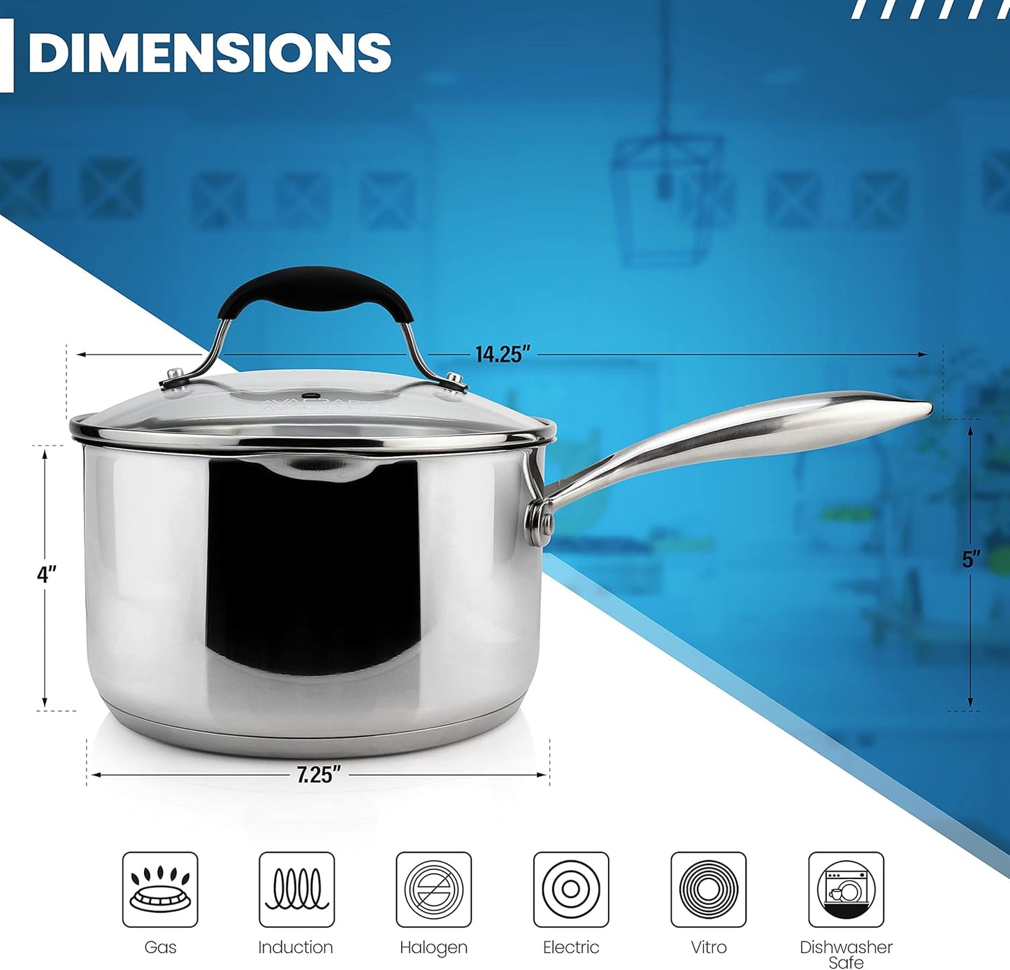 AVACRAFT Stainless Steel Saucepan with Glass Strainer Lid, Two Side Spouts for Easy Pour with Ergonomic Handle, Multipurpose Sauce Pot (5-Ply Capsule Bottom, 2.5 Quart)