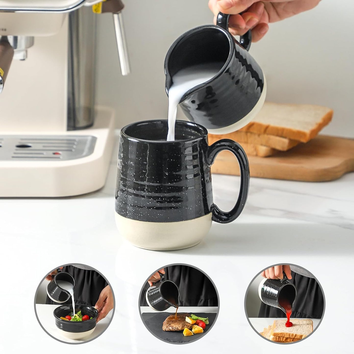 Hasense Sugar and Creamer Set, 3 Piece Porcelain Coffee Serving Set with Cream Pitcher, Sugar Bowl, Lid & Spoon, 10 Ounce Creamer Container and Sugar Pot, Farmhouse Decor (Black)